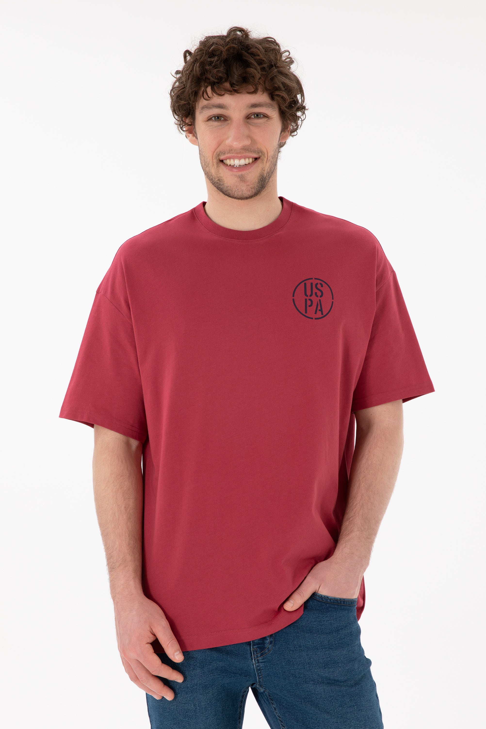 Tricou Bărbați Roșu Cărămiziu Cu Guler Rotund Și Print USPA Oversize