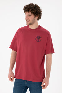 Tricou Bărbați Roșu Cărămiziu Cu Guler Rotund Și Print USPA Oversize