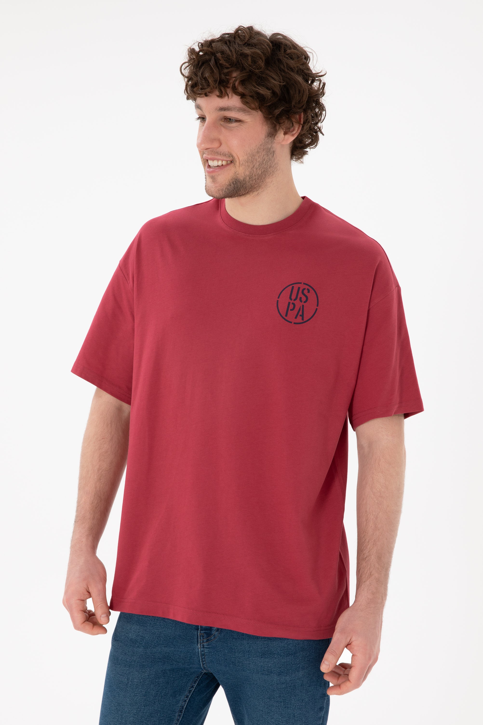 Tricou Bărbați Roșu Cărămiziu Cu Guler Rotund Și Print USPA Oversize