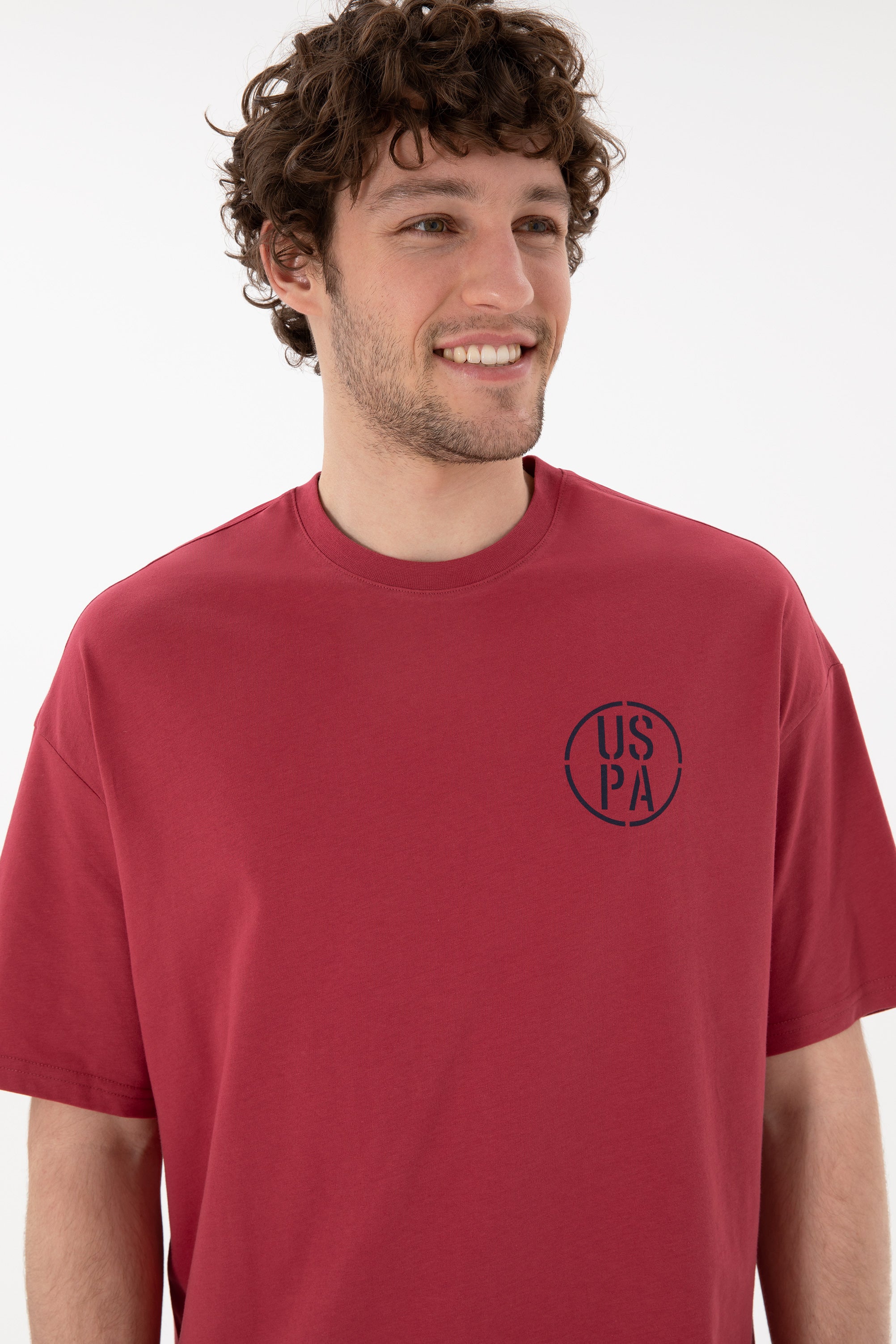 Tricou Bărbați Roșu Cărămiziu Cu Guler Rotund Și Print USPA Oversize