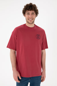 Tricou Bărbați Roșu Cărămiziu Cu Guler Rotund Și Print USPA Oversize