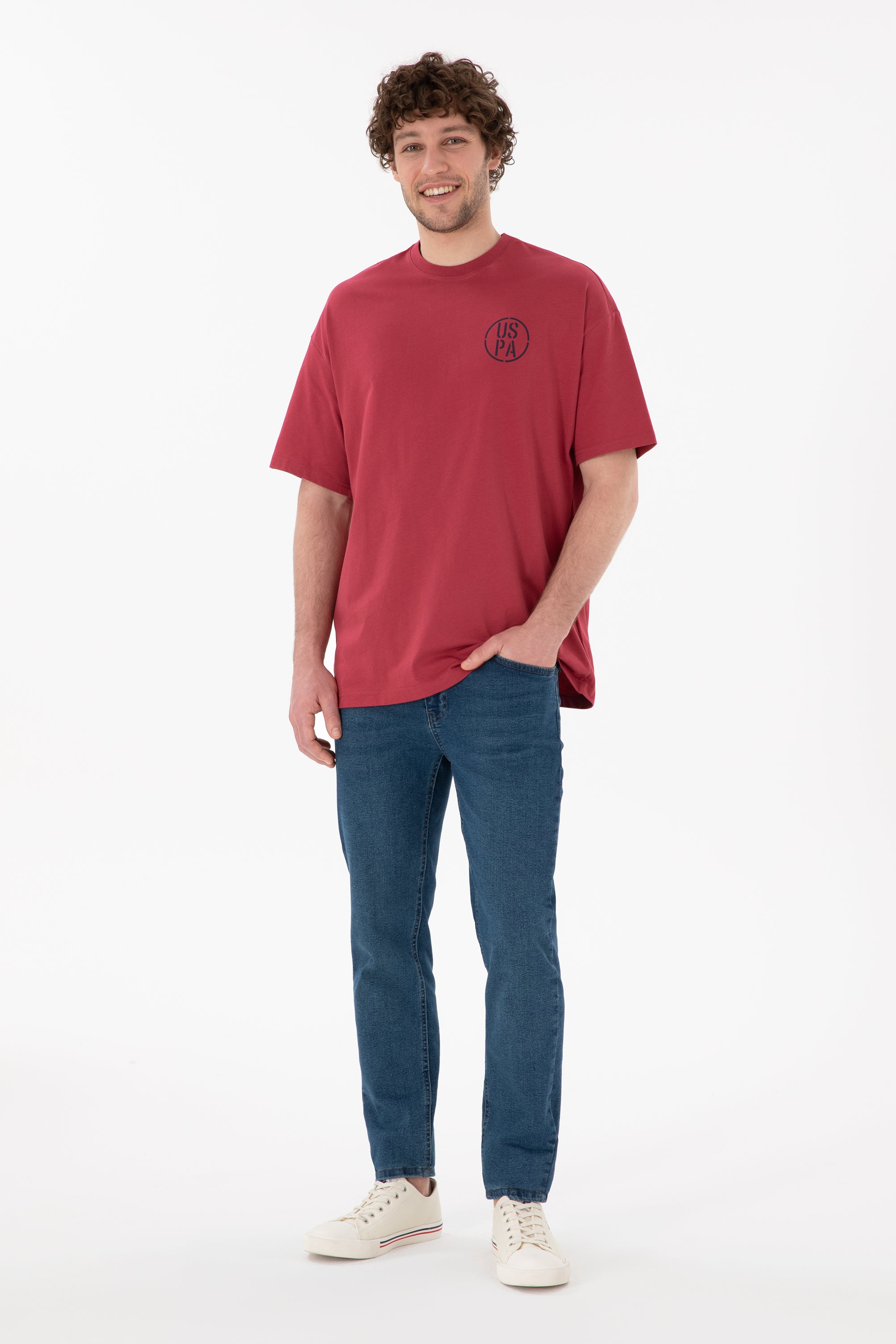 Tricou Bărbați Roșu Cărămiziu Cu Guler Rotund Și Print USPA Oversize