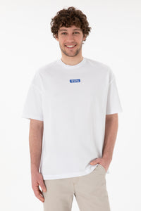 Tricou Bărbați Alb Cu Guler Rotund Și Print USPA Oversize