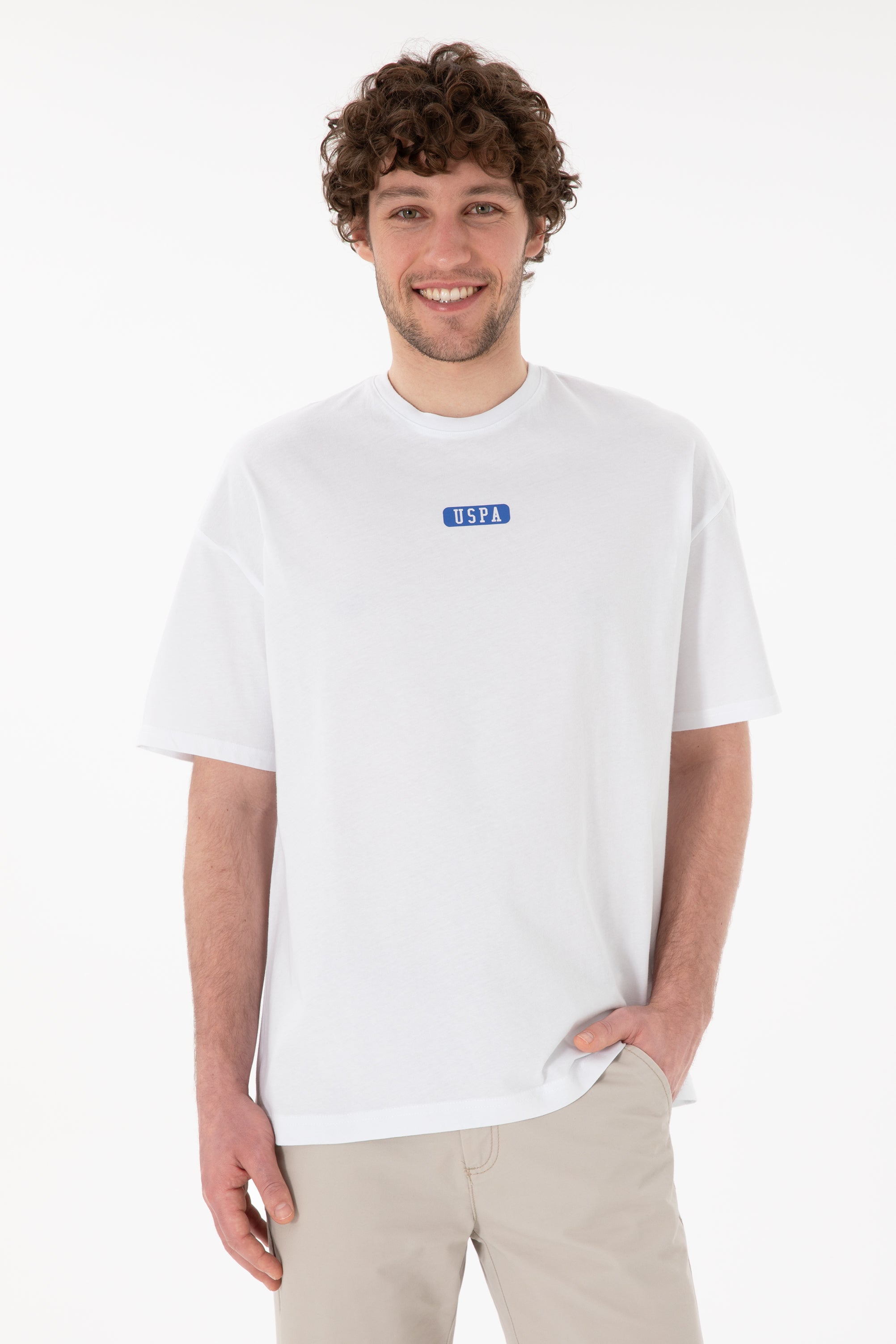 Tricou Bărbați Alb Cu Guler Rotund Și Print USPA Oversize