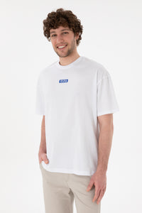 Tricou Bărbați Alb Cu Guler Rotund Și Print USPA Oversize