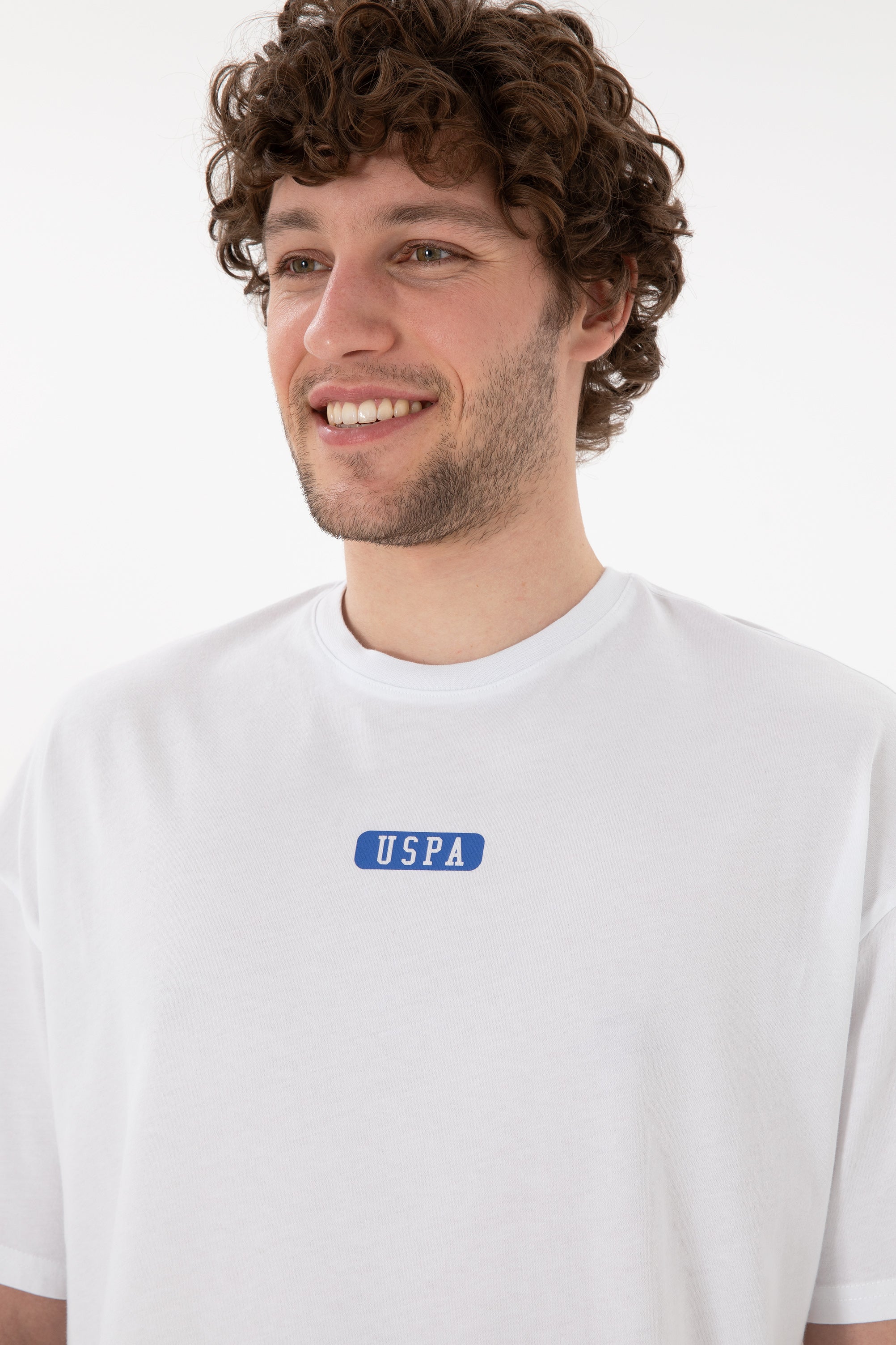 Tricou Bărbați Alb Cu Guler Rotund Și Print USPA Oversize