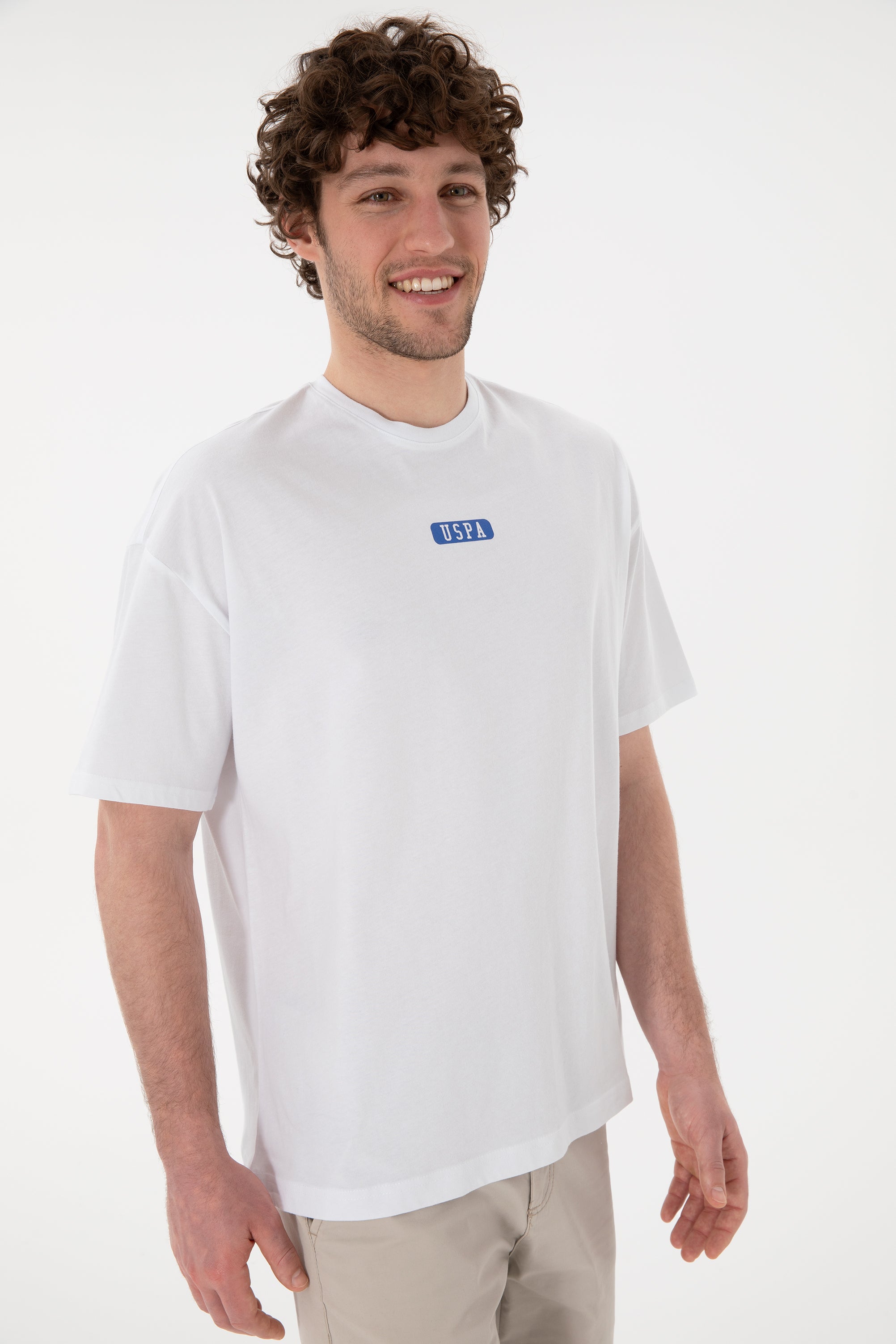 Tricou Bărbați Alb Cu Guler Rotund Și Print USPA Oversize