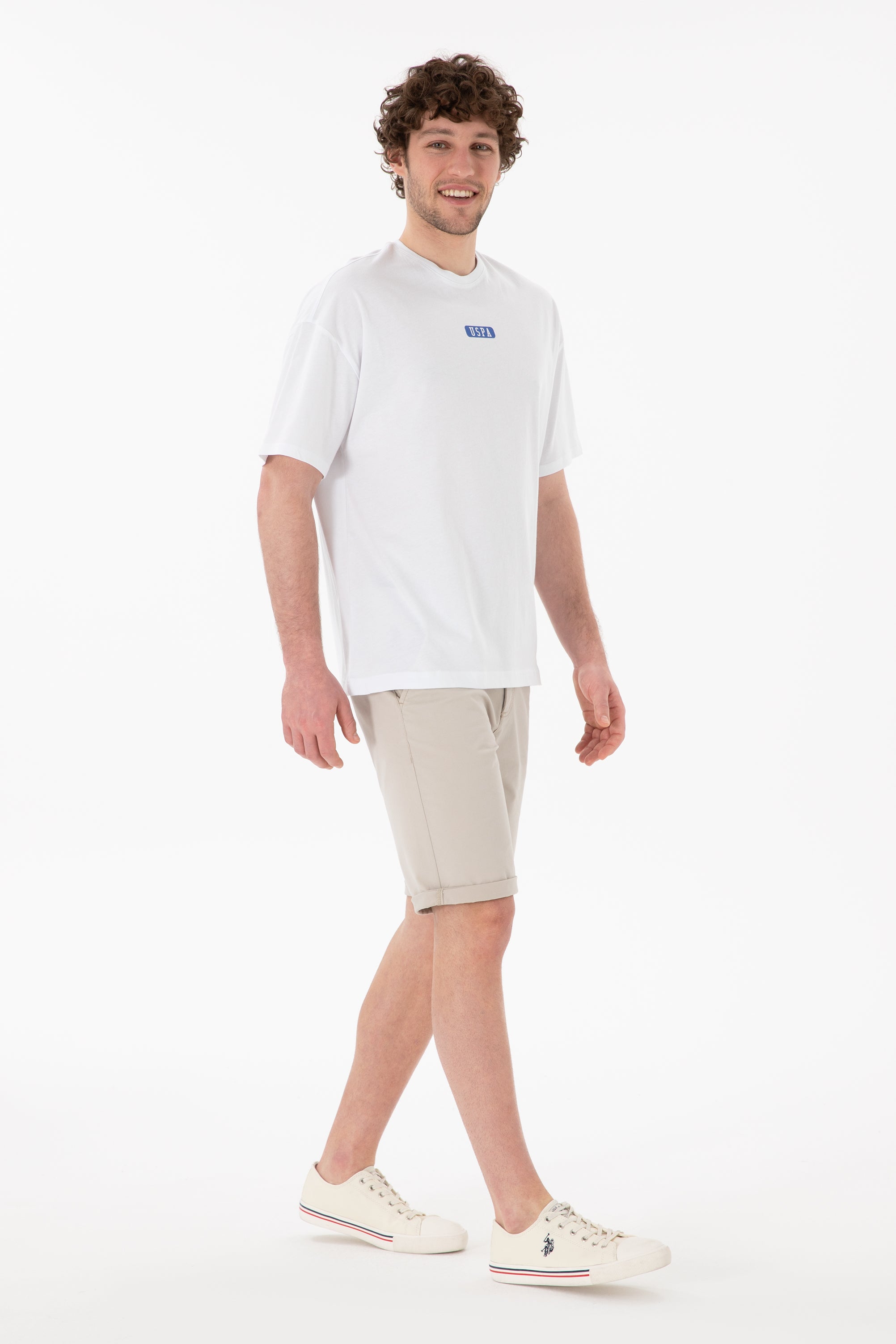 Tricou Bărbați Alb Cu Guler Rotund Și Print USPA Oversize