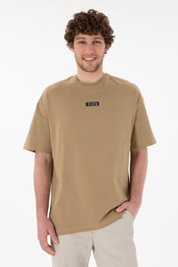 Tricou Bărbați Camel Cu Guler Rotund Și Print USPA Oversize