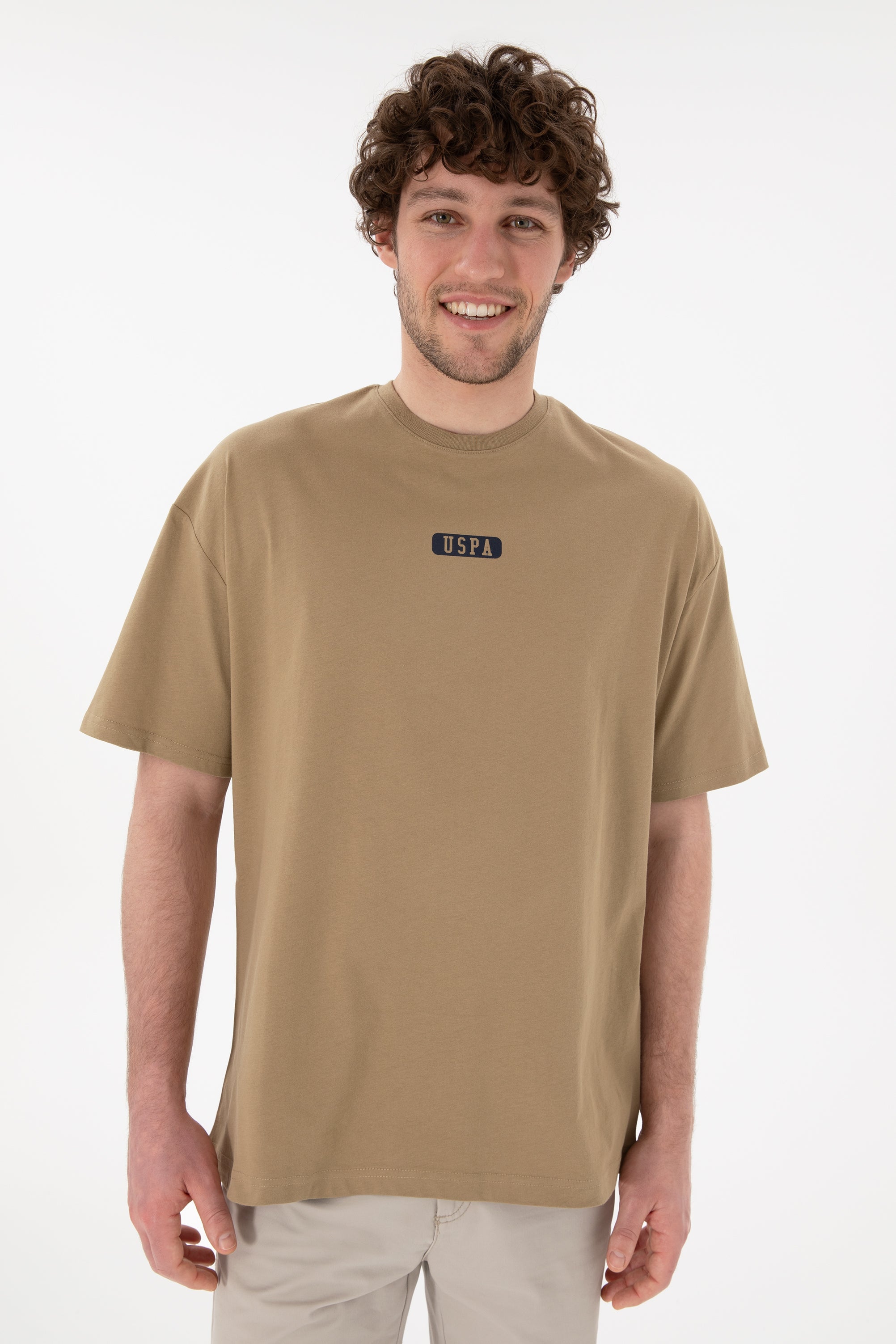 Tricou Bărbați Camel Cu Guler Rotund Și Print USPA Oversize