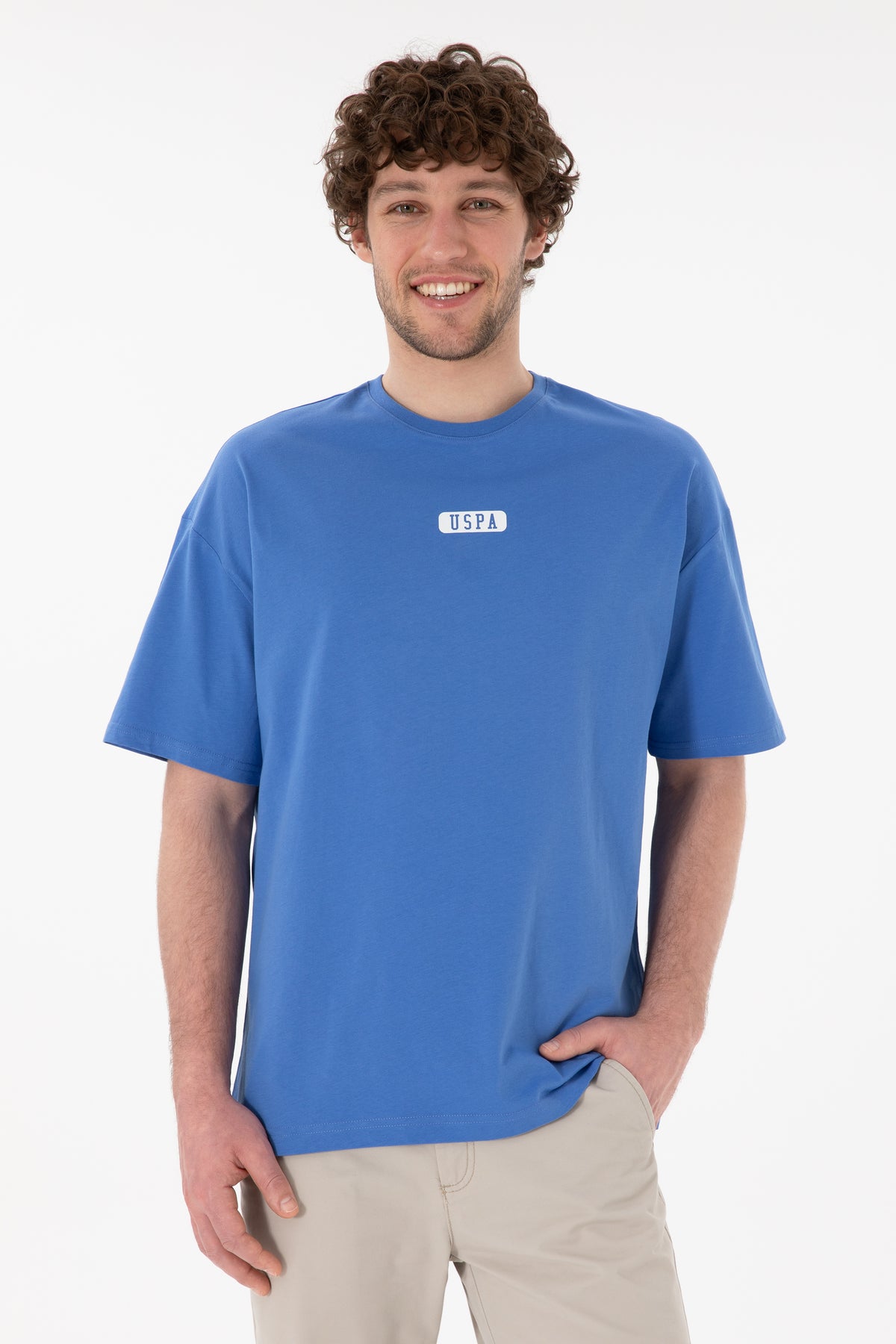 Tricou Bărbați Albastru Cu Guler Rotund Și Print USPA Oversize