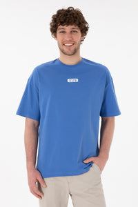 Tricou Bărbați Albastru Cu Guler Rotund Și Print USPA Oversize