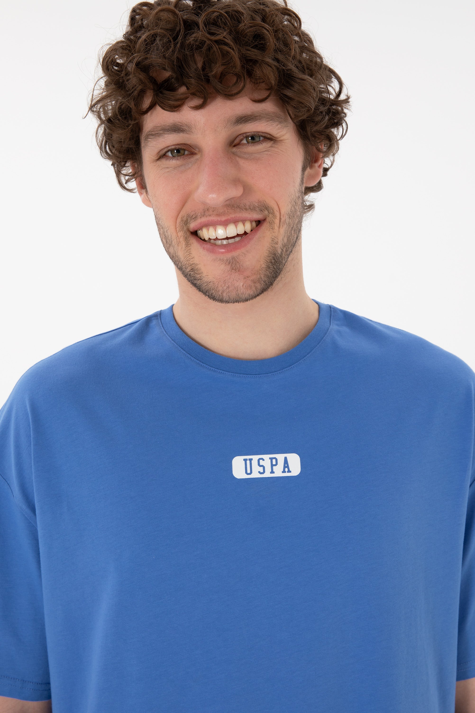 Tricou Bărbați Albastru Cu Guler Rotund Și Print USPA Oversize