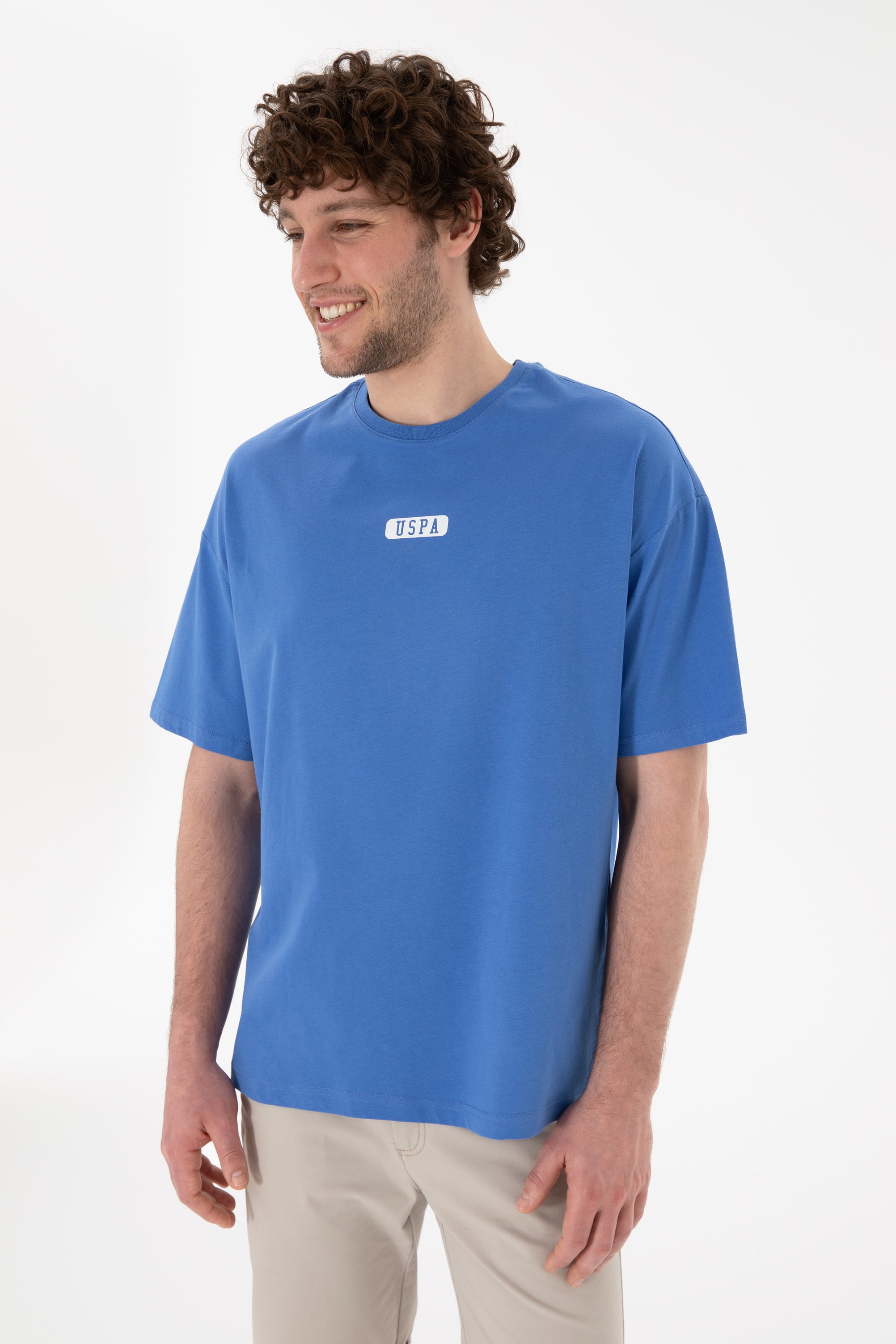 Tricou Bărbați Albastru Cu Guler Rotund Și Print USPA Oversize