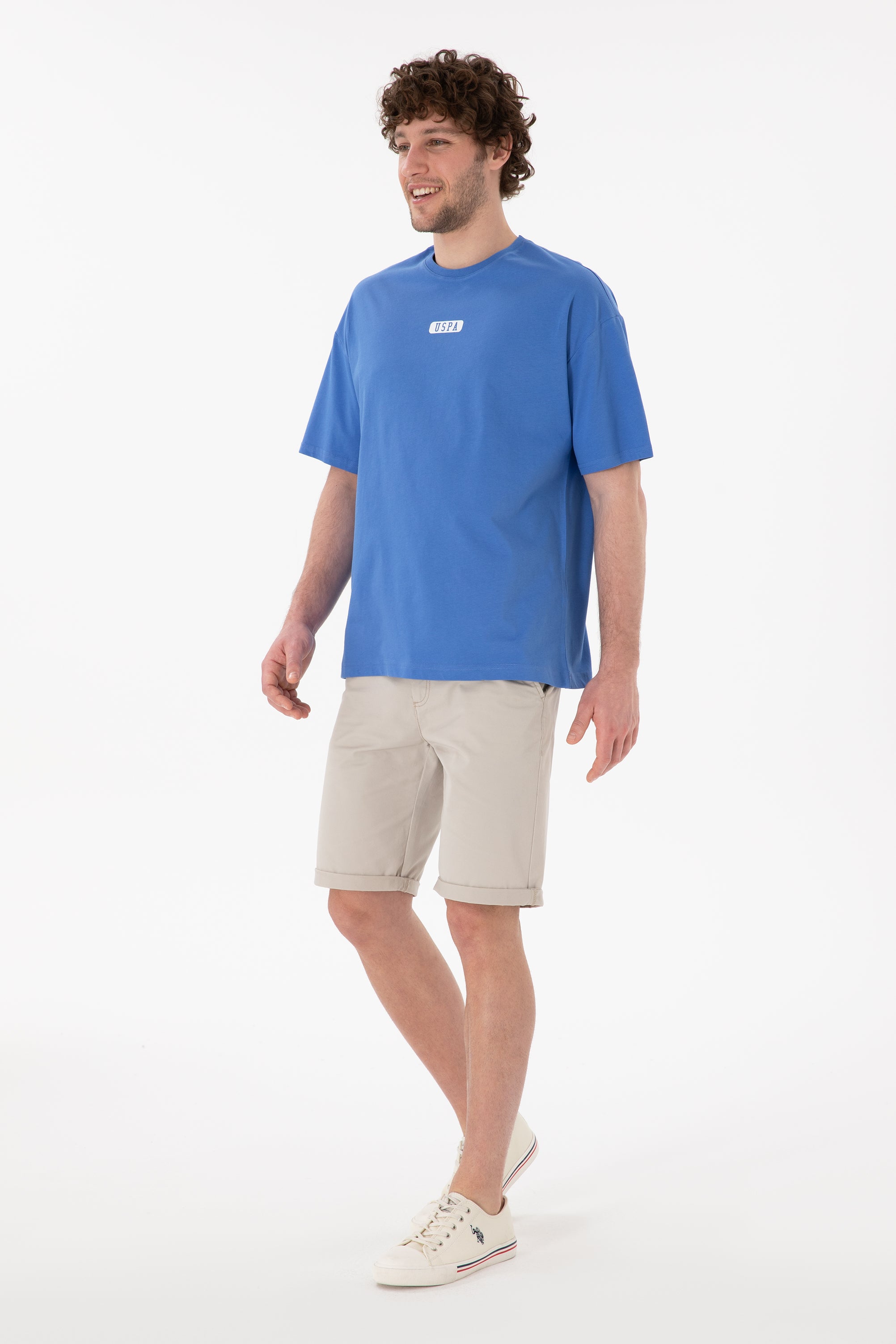 Tricou Bărbați Albastru Cu Guler Rotund Și Print USPA Oversize