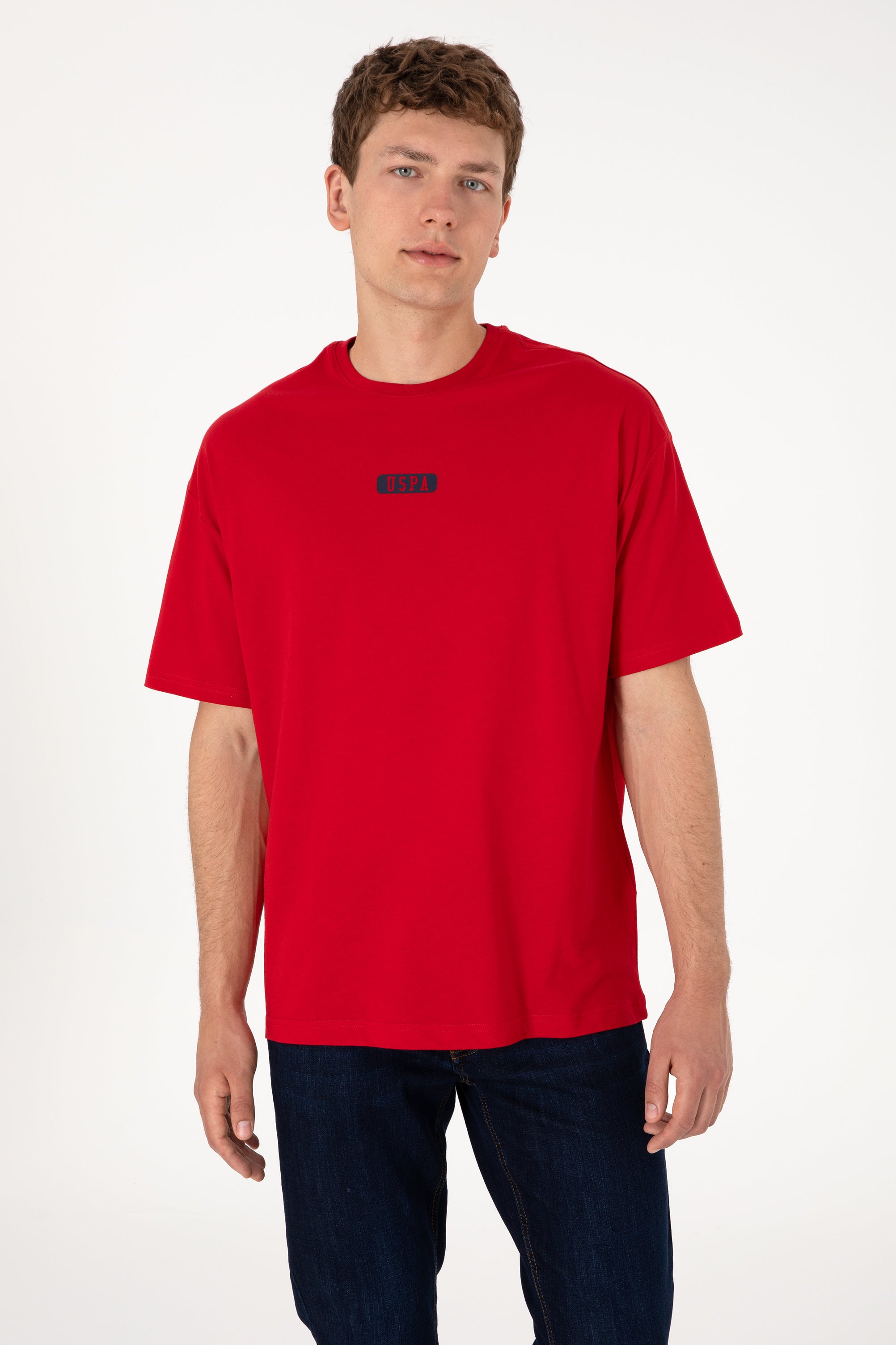 Tricou Bărbați Roșu Cu Guler Rotund Și Print USPA Oversize