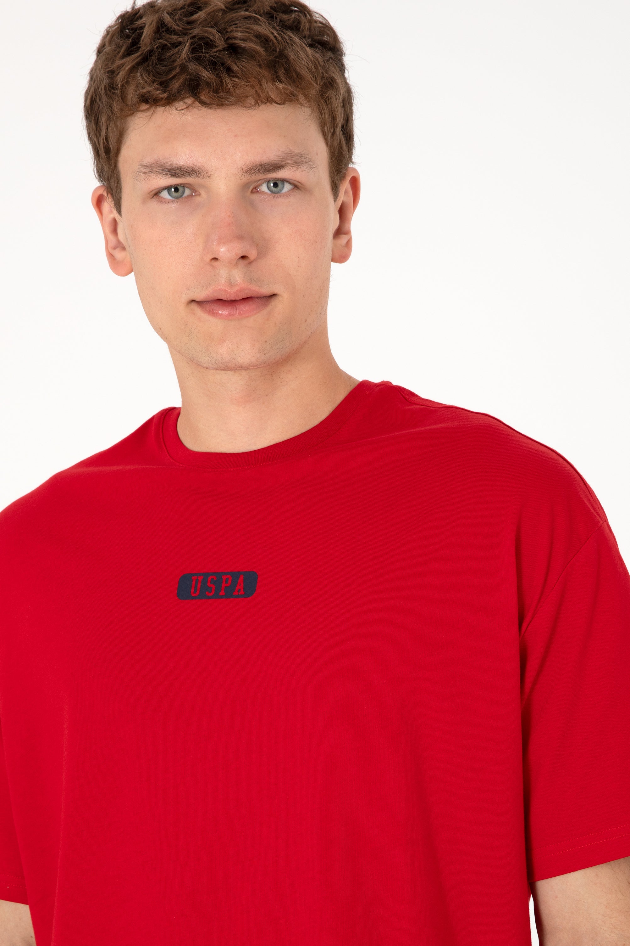 Tricou Bărbați Roșu Cu Guler Rotund Și Print USPA Oversize