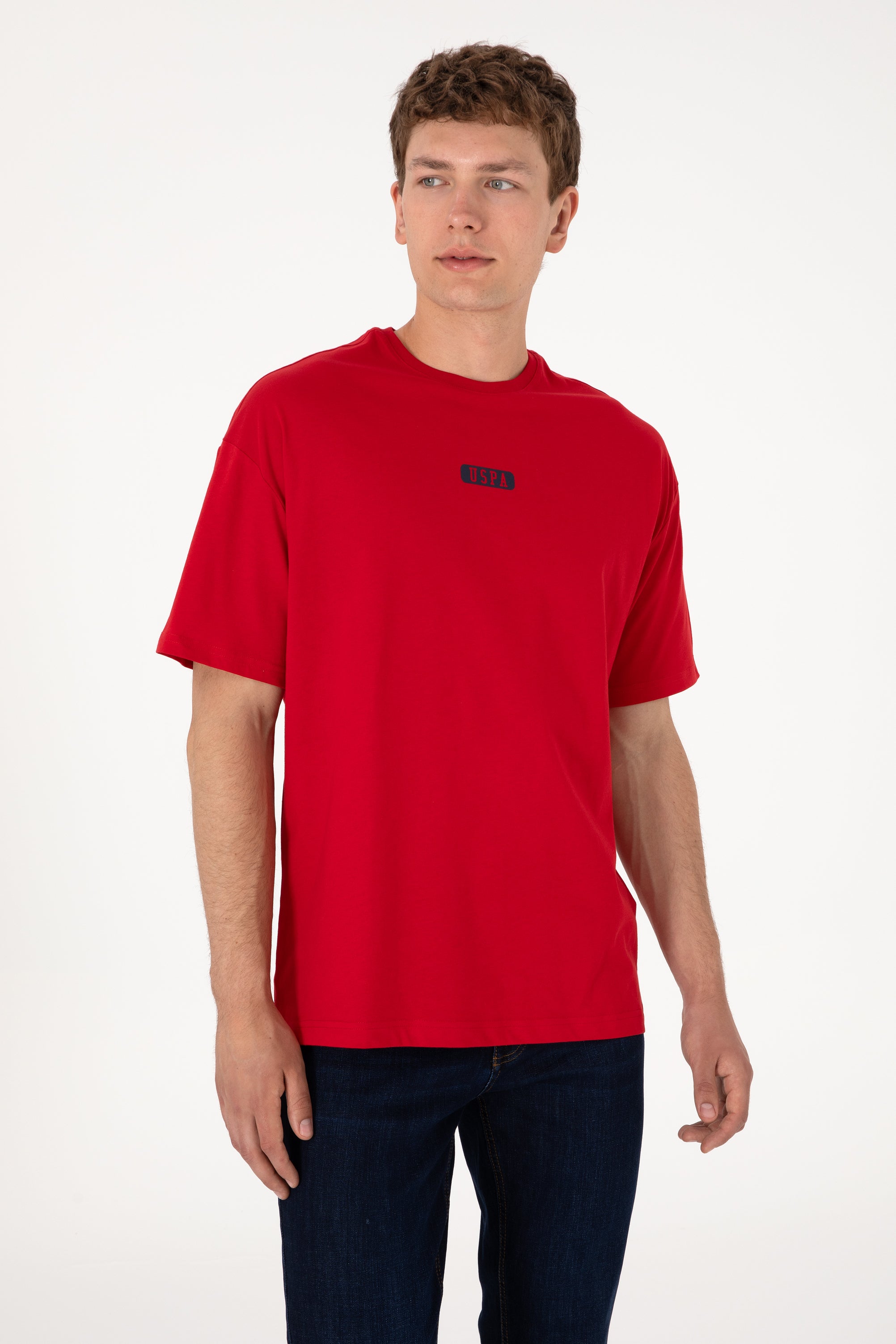 Tricou Bărbați Roșu Cu Guler Rotund Și Print USPA Oversize