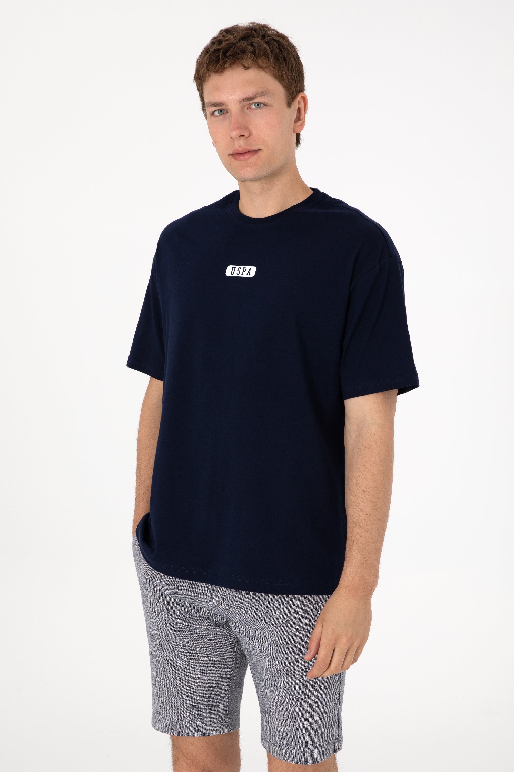 Tricou Bărbați Bleumarin Cu Guler Rotund Și Print USPA Oversize