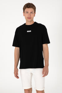 Tricou Bărbați Negru Cu Guler Rotund Și Print USPA Oversize