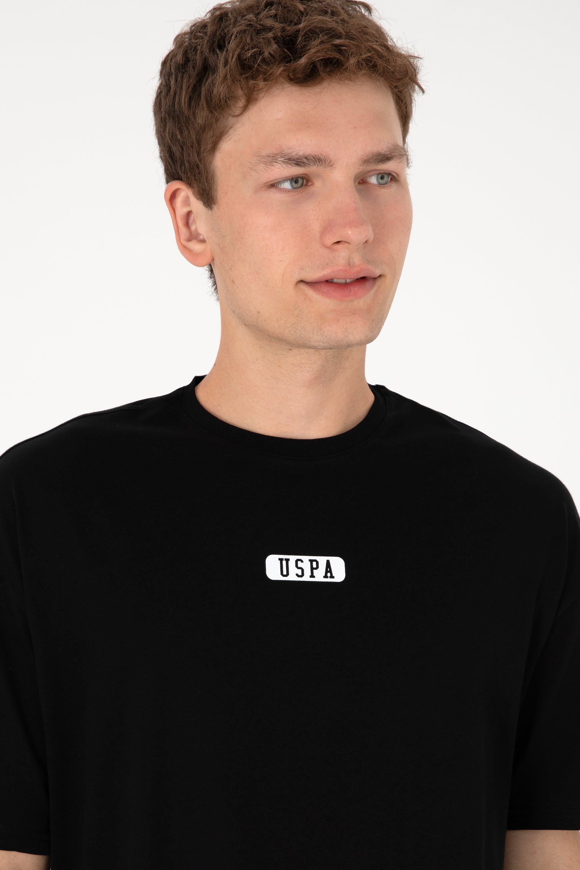 Tricou Bărbați Negru Cu Guler Rotund Și Print USPA Oversize