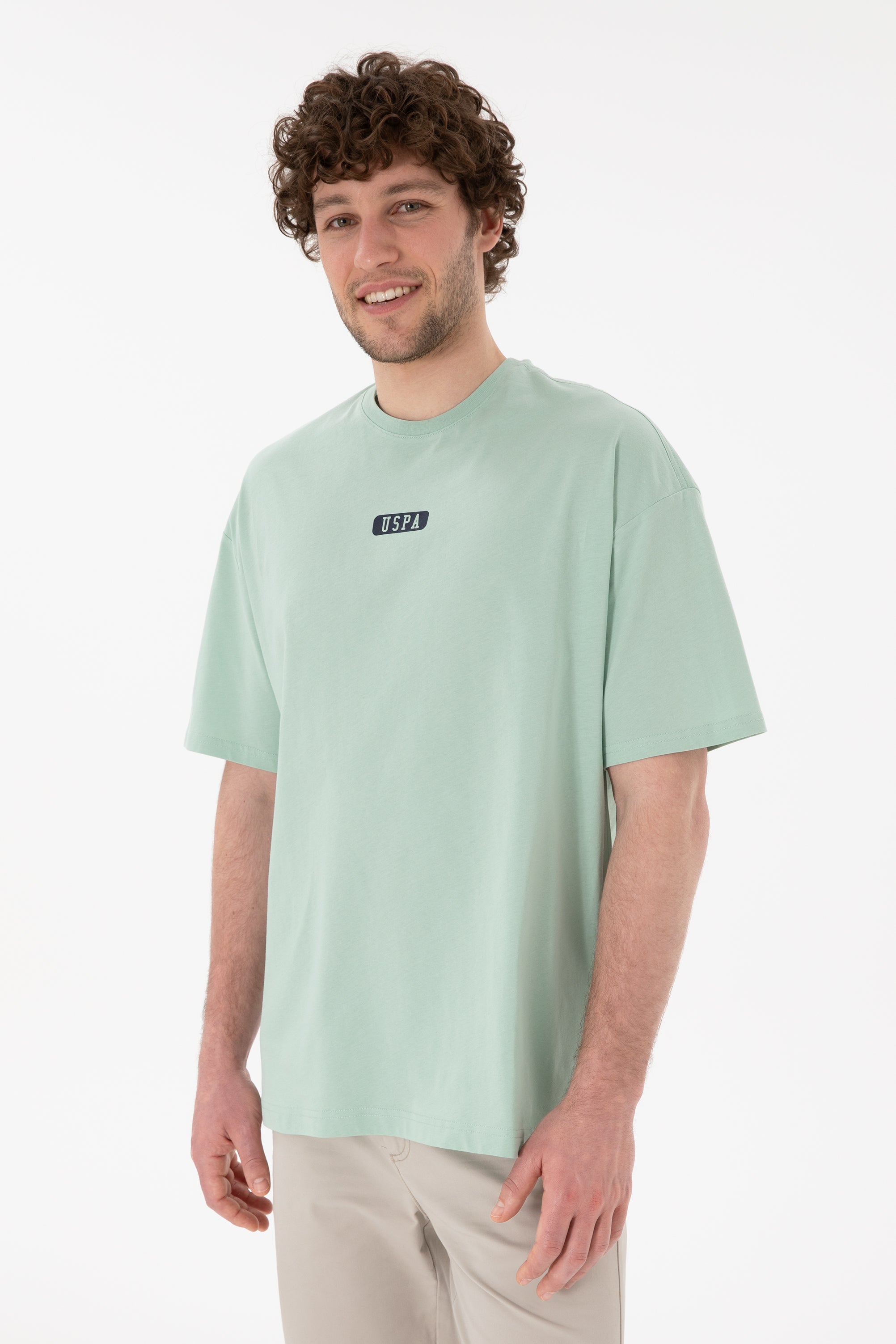 Tricou Bărbați Verde Pal Cu Guler Rotund Și Print USPA Oversize