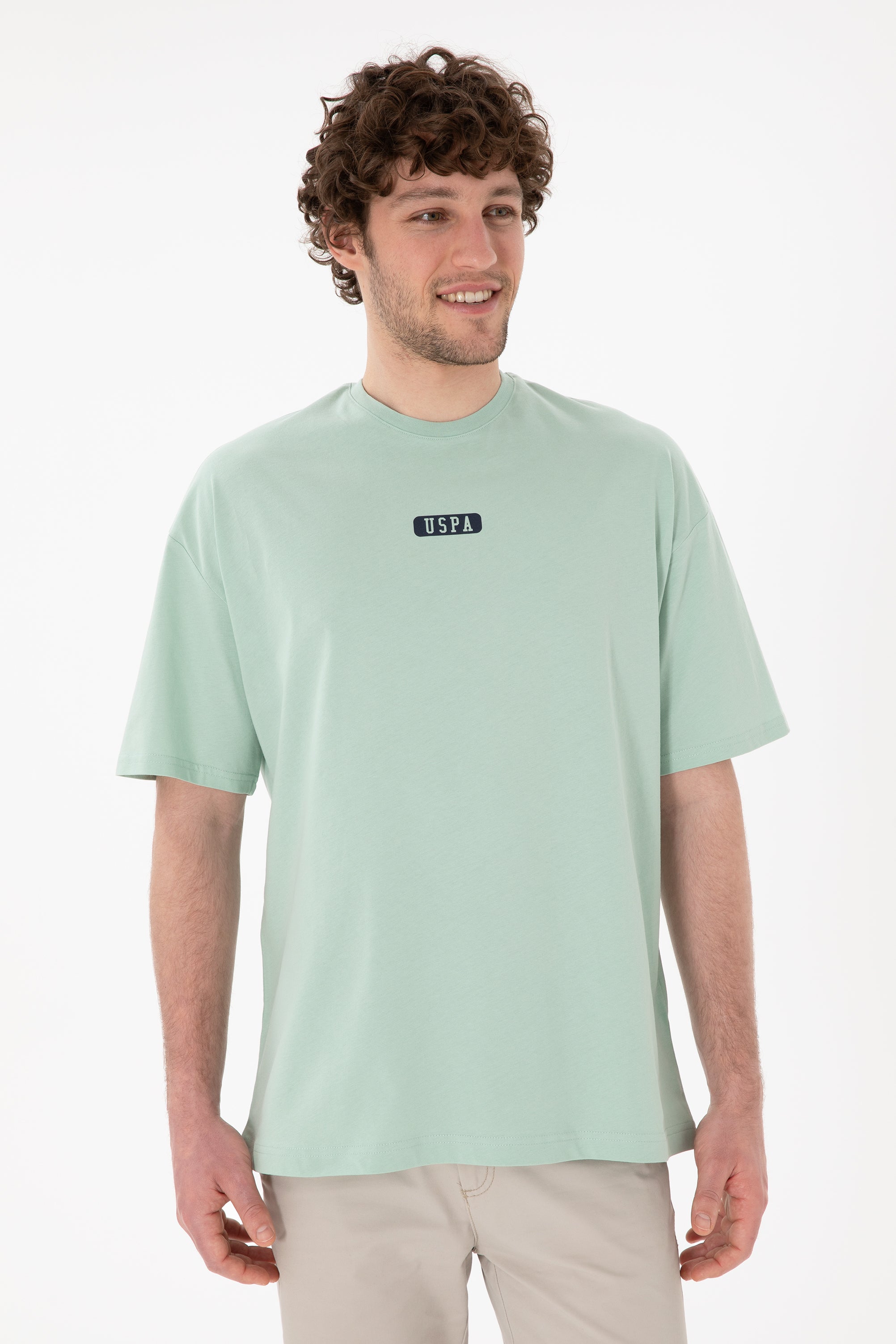 Tricou Bărbați Verde Pal Cu Guler Rotund Și Print USPA Oversize