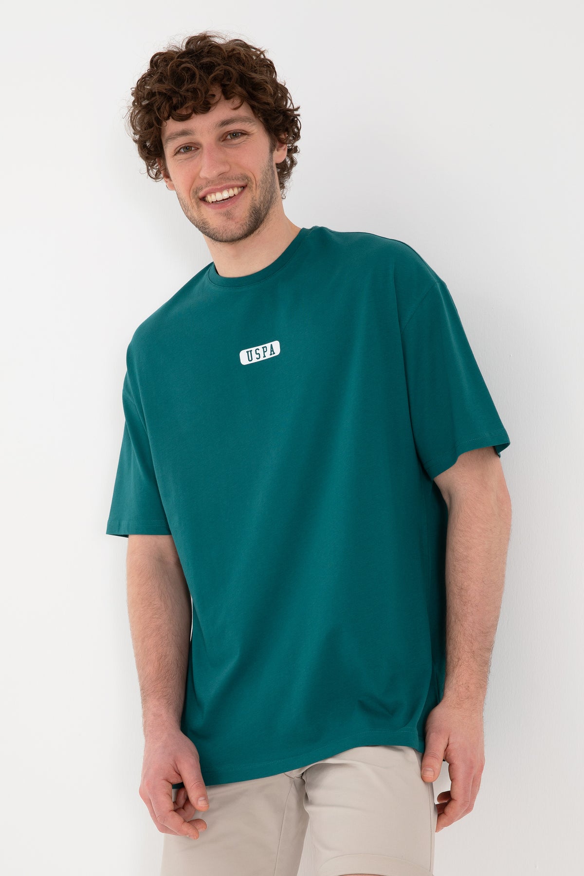 Tricou Bărbați Verde Smarald Cu Guler Rotund Și Print USPA Oversize
