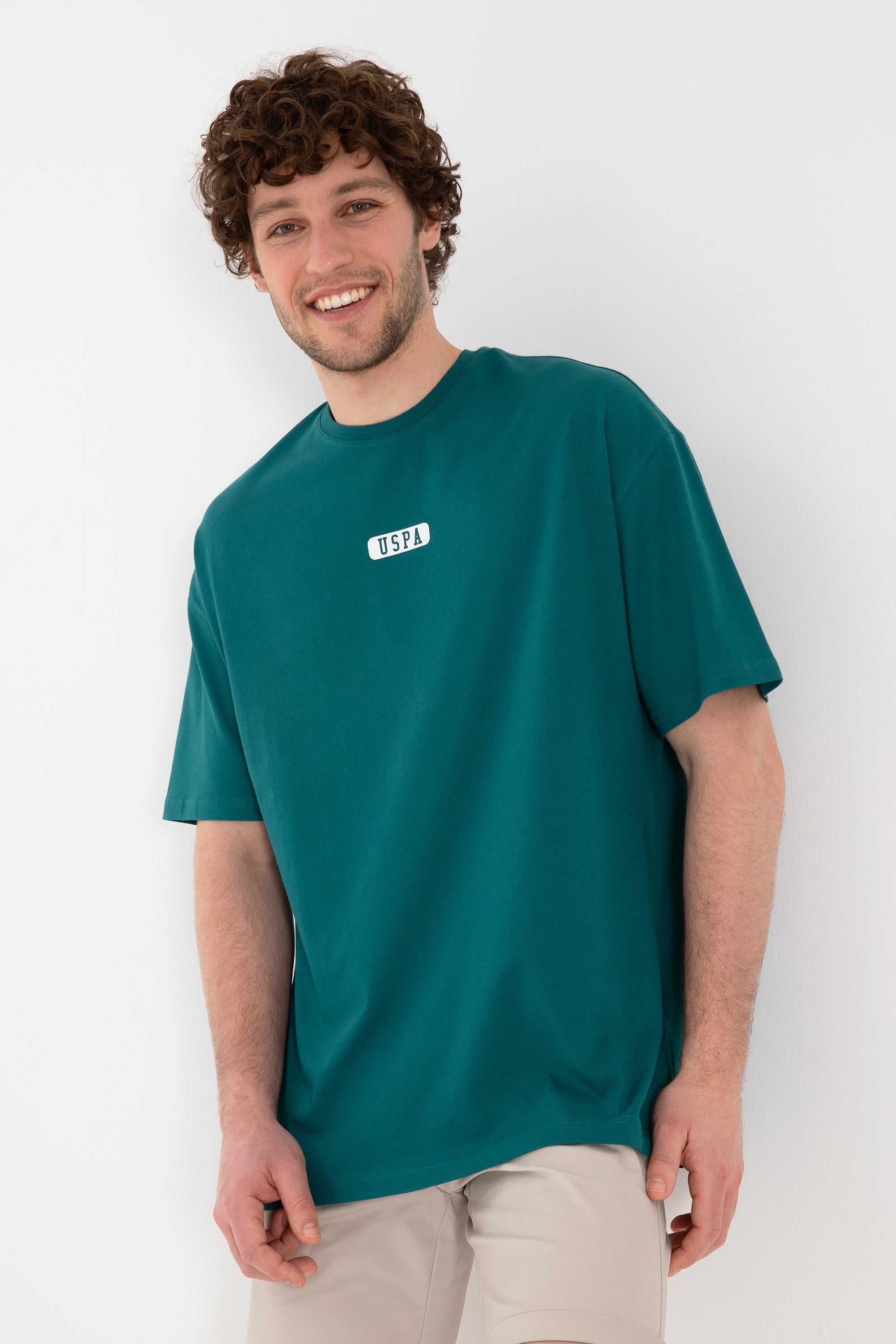 Tricou Bărbați Verde Smarald Cu Guler Rotund Și Print USPA Oversize