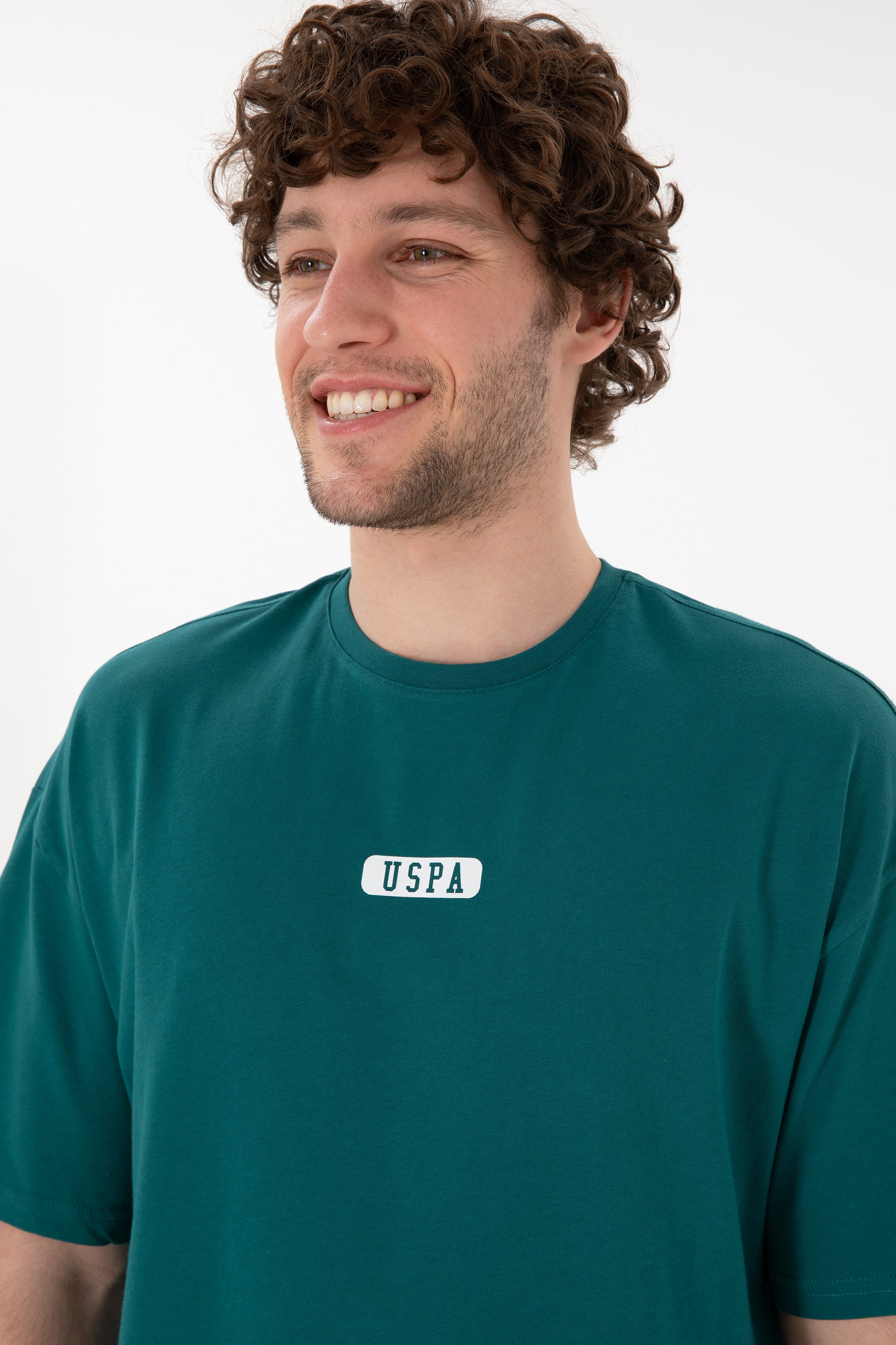 Tricou Bărbați Verde Smarald Cu Guler Rotund Și Print USPA Oversize