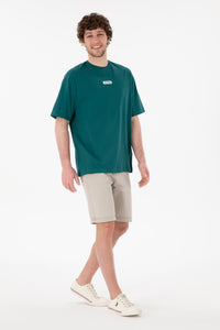 Tricou Bărbați Verde Smarald Cu Guler Rotund Și Print USPA Oversize