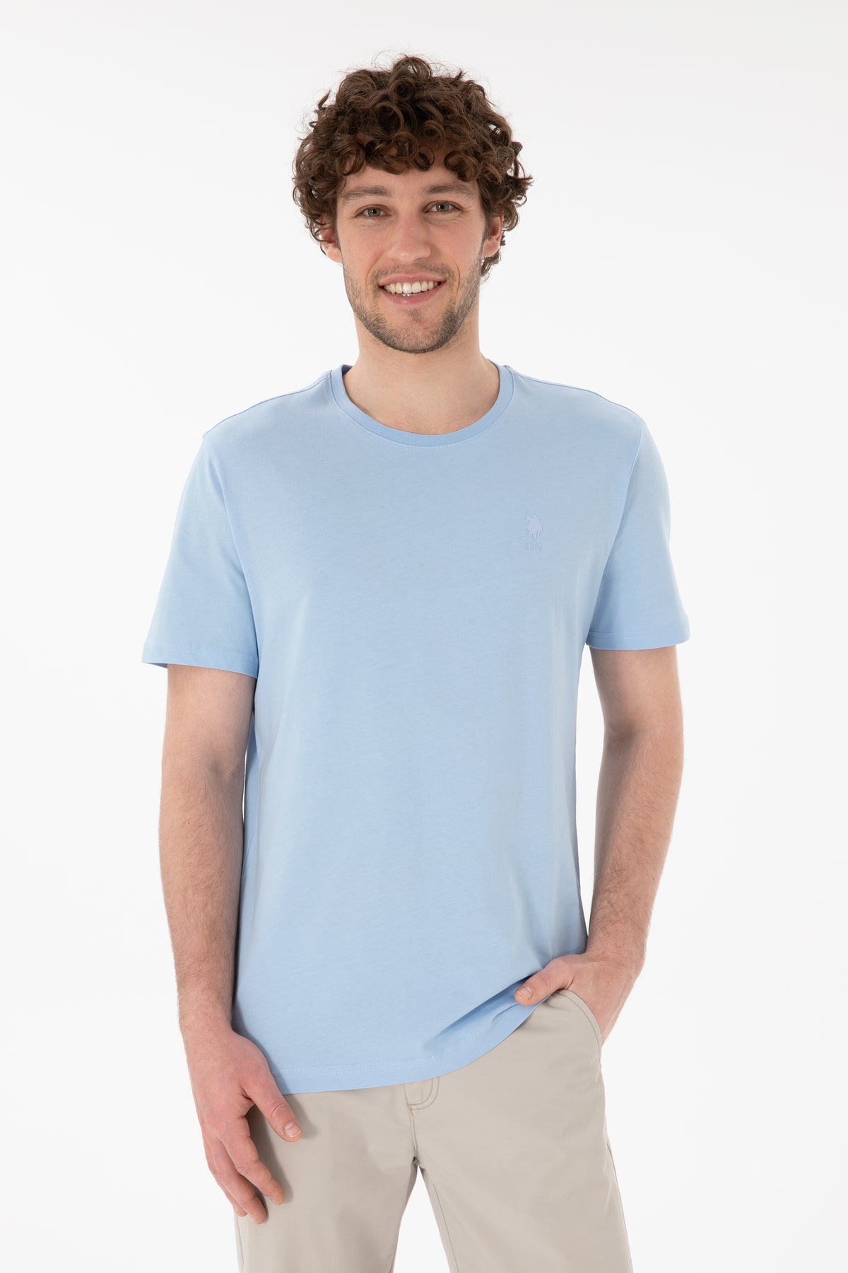 Tricou Bărbați Albastru Deschis Cu Guler Rotund Și Imprimeu Logo