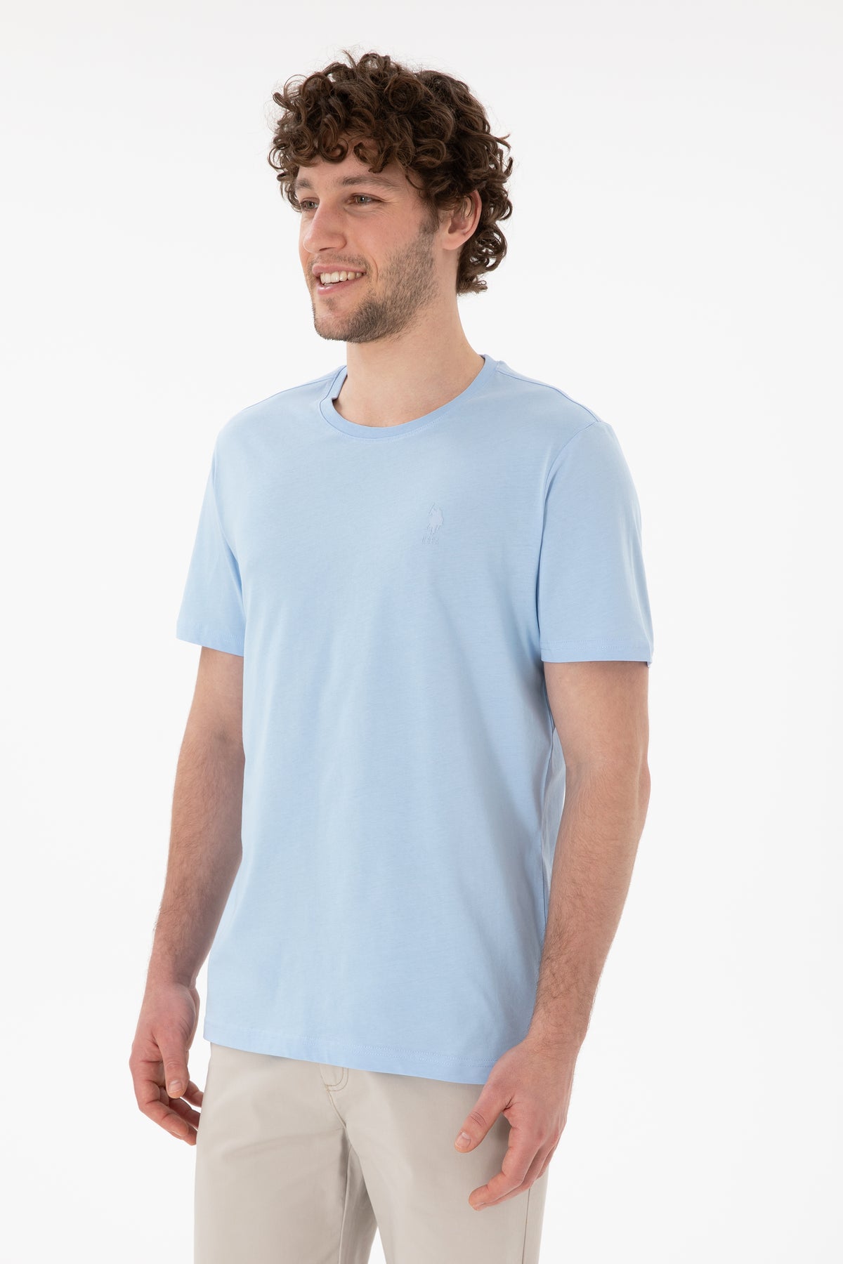 Tricou Bărbați Albastru Deschis Cu Guler Rotund Și Imprimeu Logo