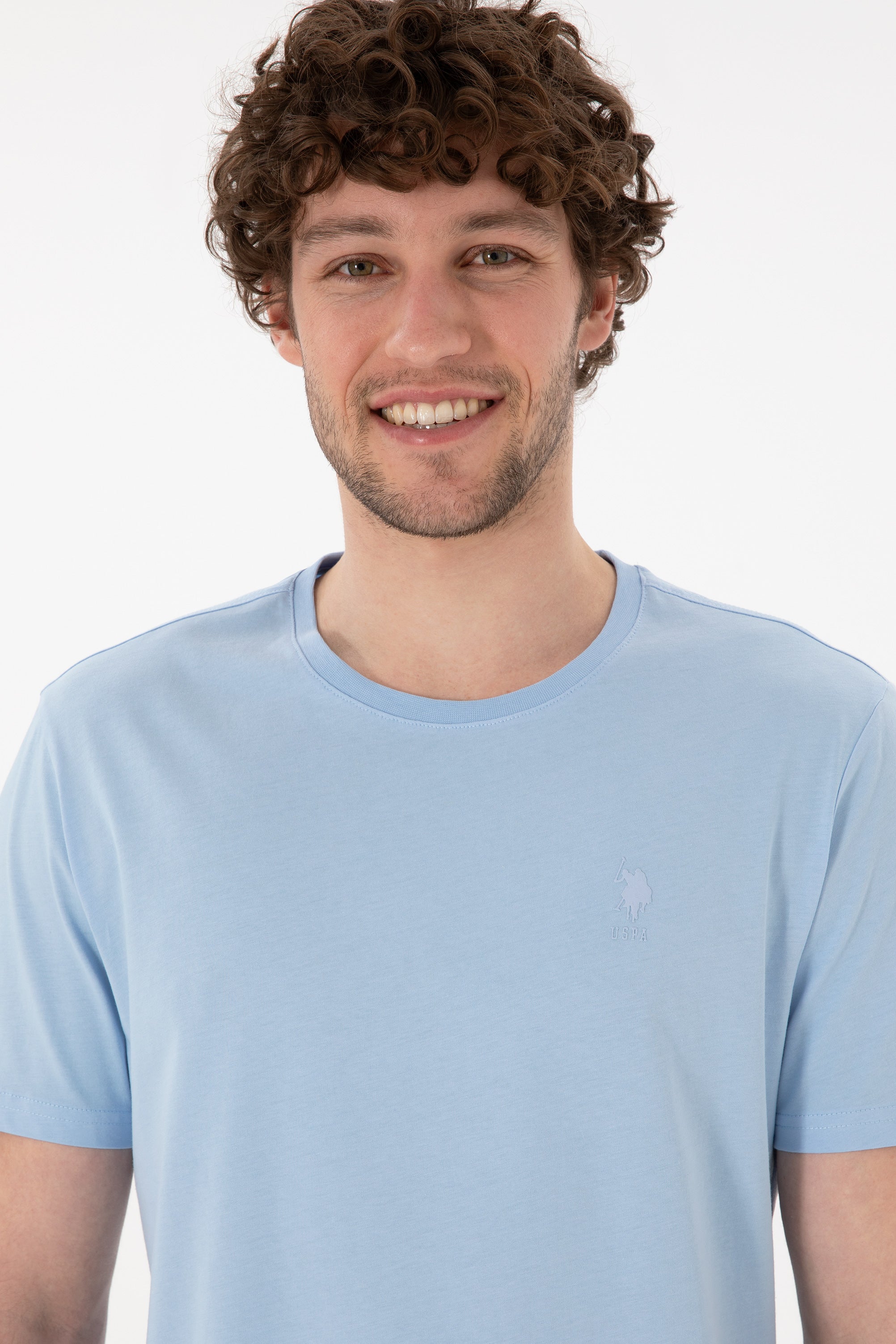 Tricou Bărbați Albastru Deschis Cu Guler Rotund Și Imprimeu Logo