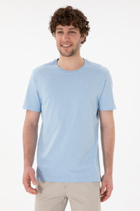 Tricou Bărbați Albastru Deschis Cu Guler Rotund Și Imprimeu Logo