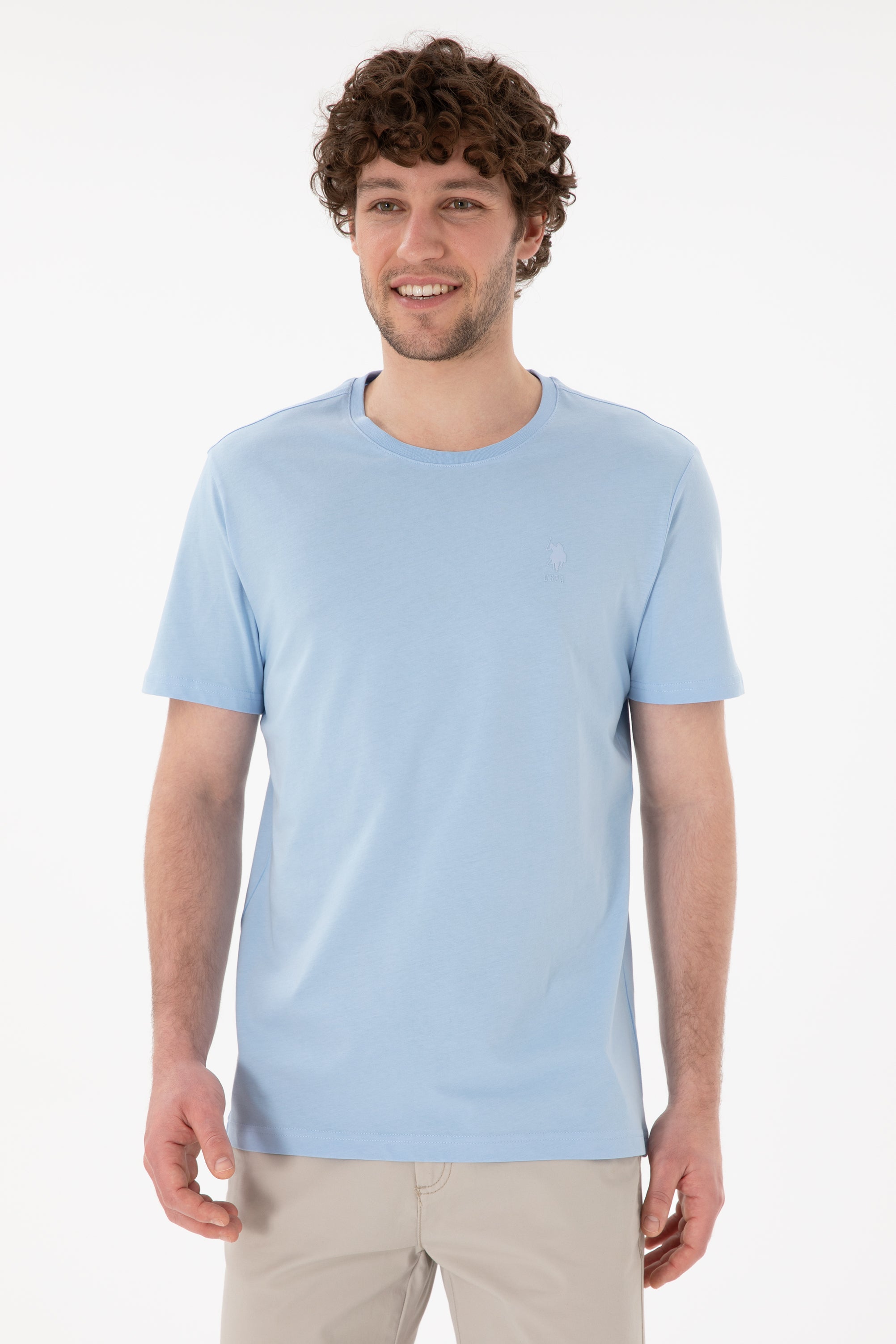 Tricou Bărbați Albastru Deschis Cu Guler Rotund Și Imprimeu Logo