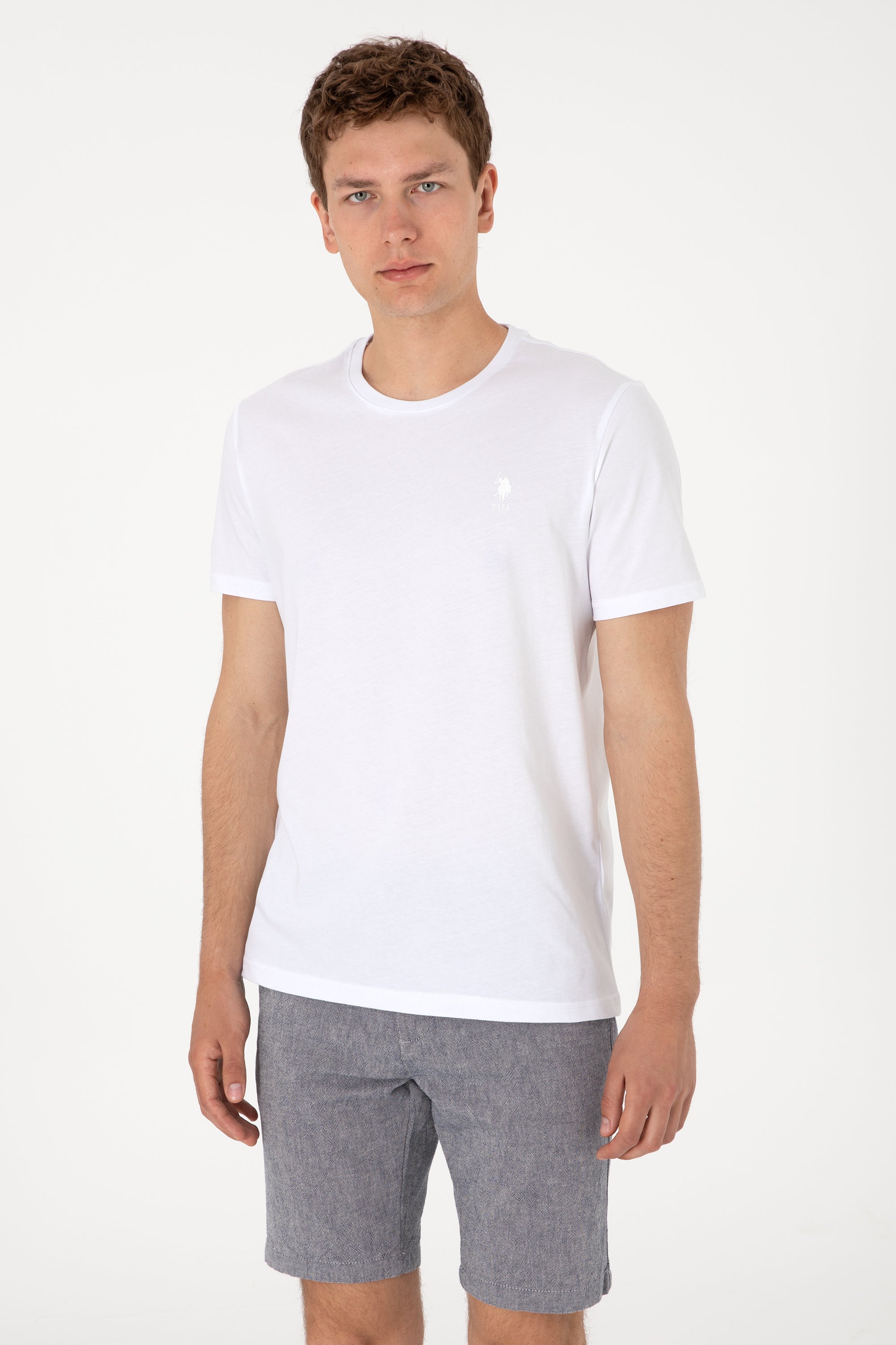 Tricou Bărbați Alb Cu Guler Rotund Și Imprimeu Logo