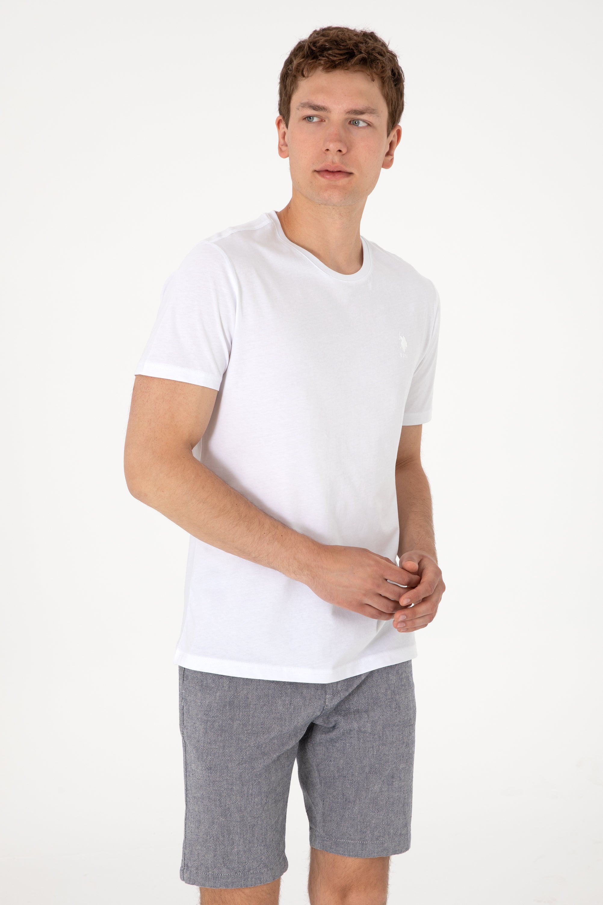 Tricou Bărbați Alb Cu Guler Rotund Și Imprimeu Logo