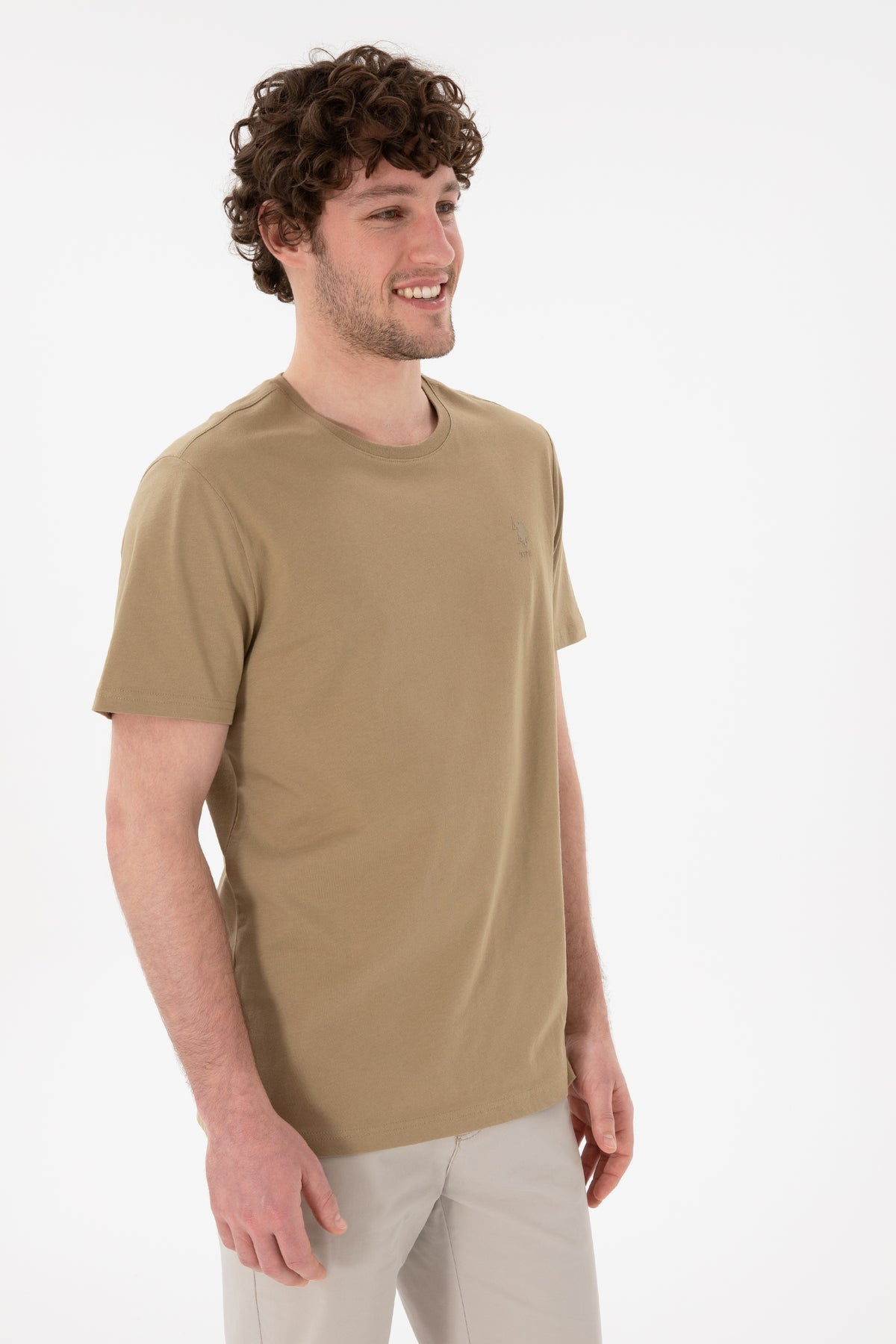 Tricou Bărbați Camel Cu Guler Rotund Și Imprimeu Logo