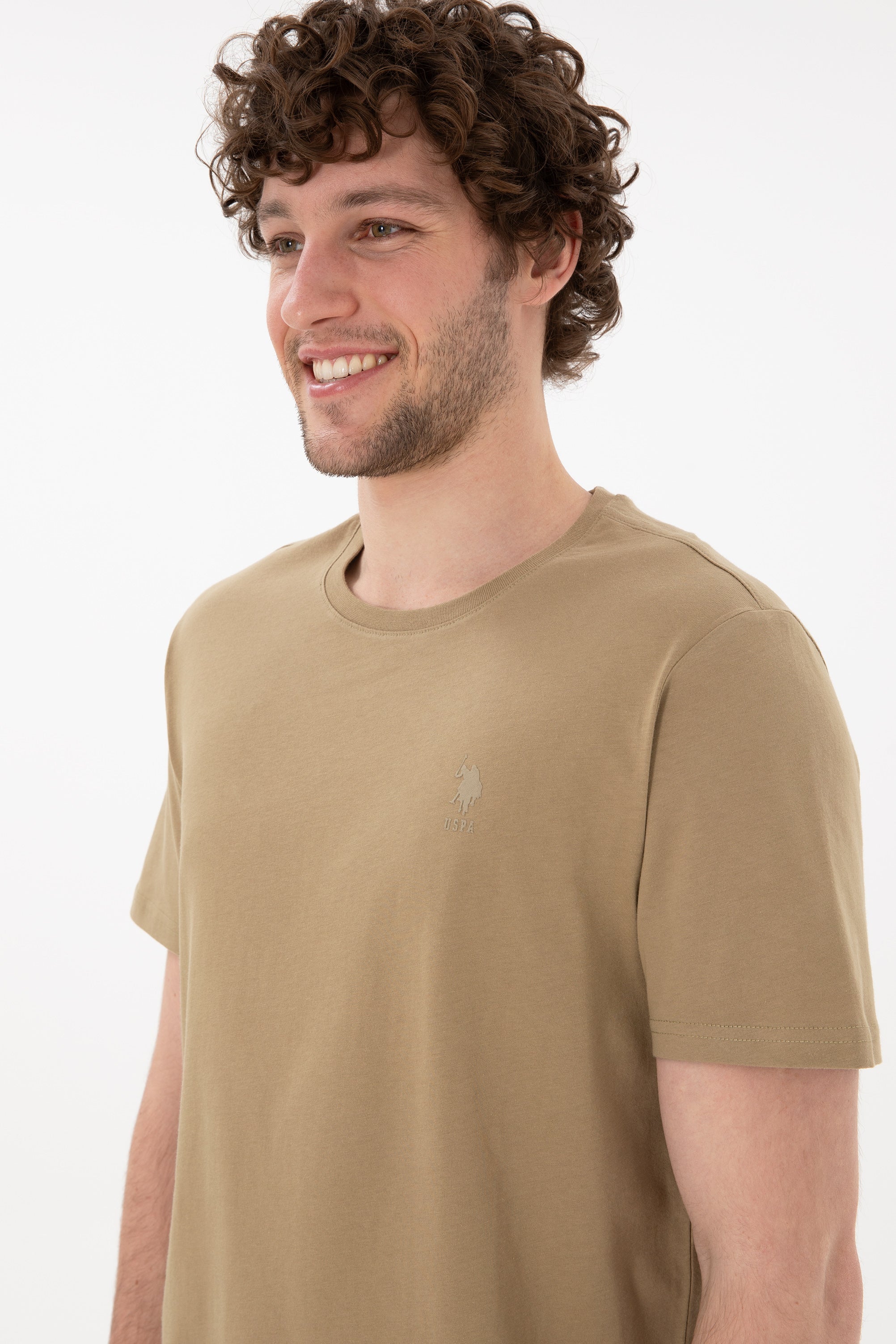 Tricou Bărbați Camel Cu Guler Rotund Și Imprimeu Logo