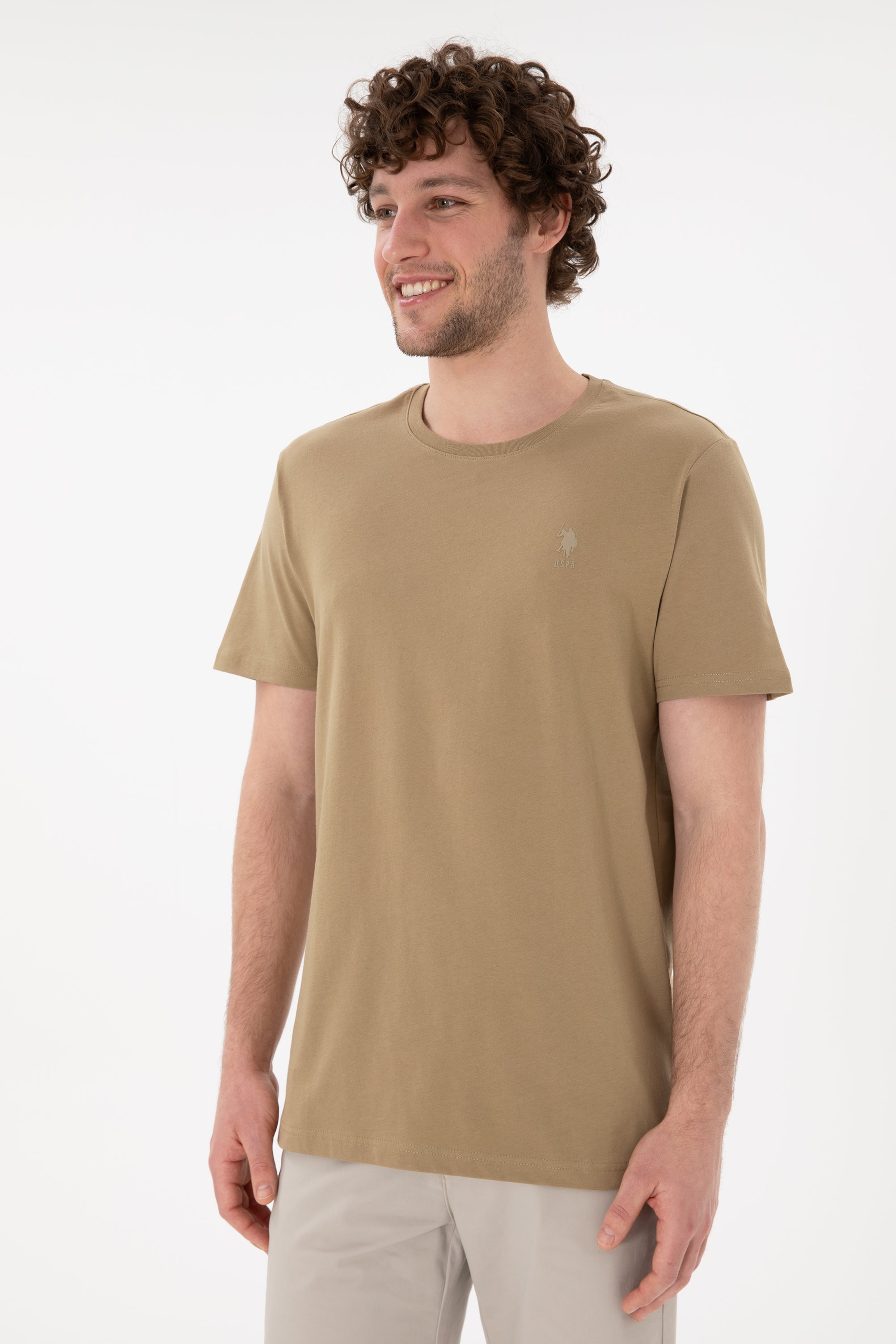 Tricou Bărbați Camel Cu Guler Rotund Și Imprimeu Logo