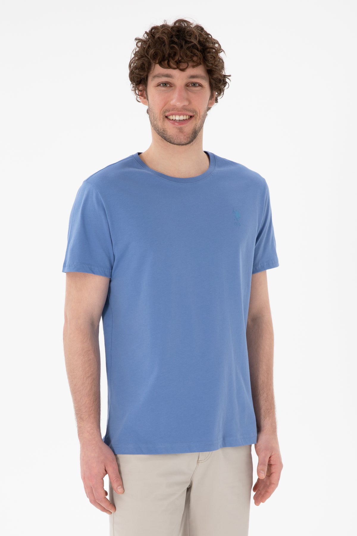 Tricou Bărbați Albastru Prăfuit Cu Guler Rotund Și Imprimeu Logo