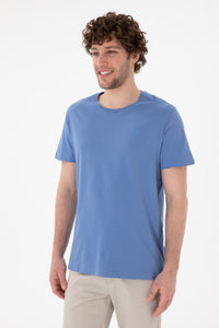 Tricou Bărbați Albastru Prăfuit Cu Guler Rotund Și Imprimeu Logo