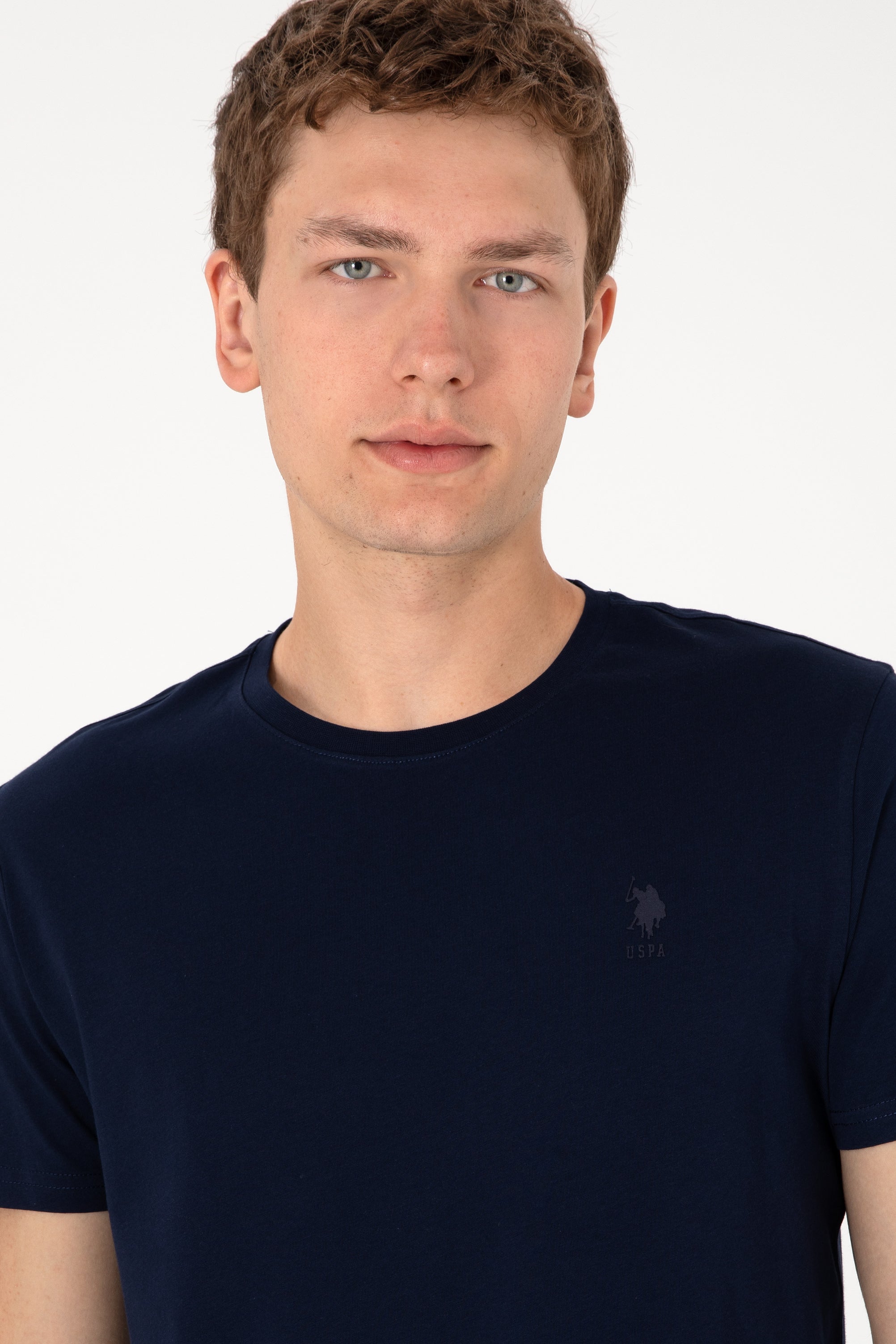 Tricou Bărbați Bleumarin Cu Guler Rotund Și Imprimeu Logo