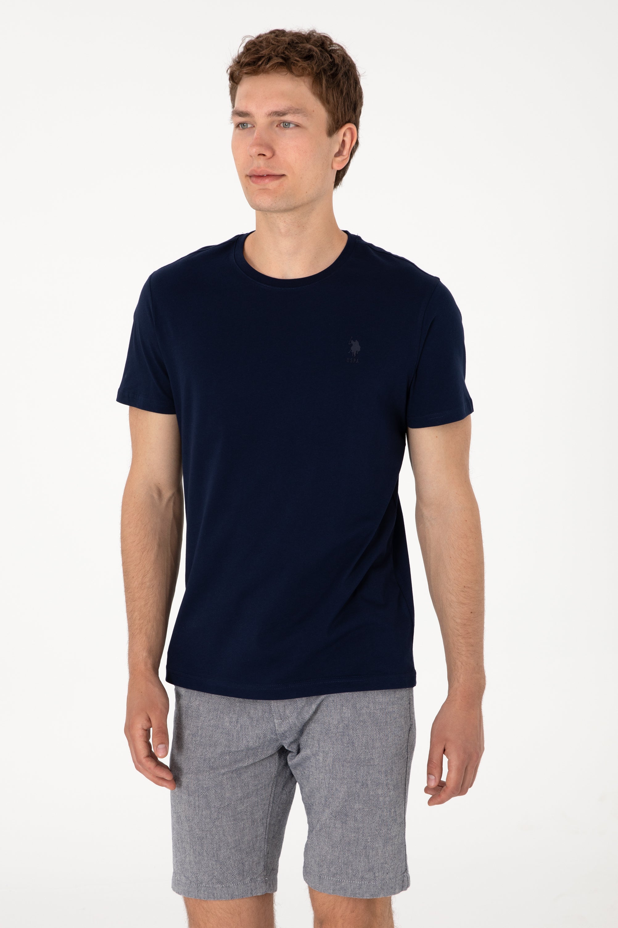 Tricou Bărbați Bleumarin Cu Guler Rotund Și Imprimeu Logo