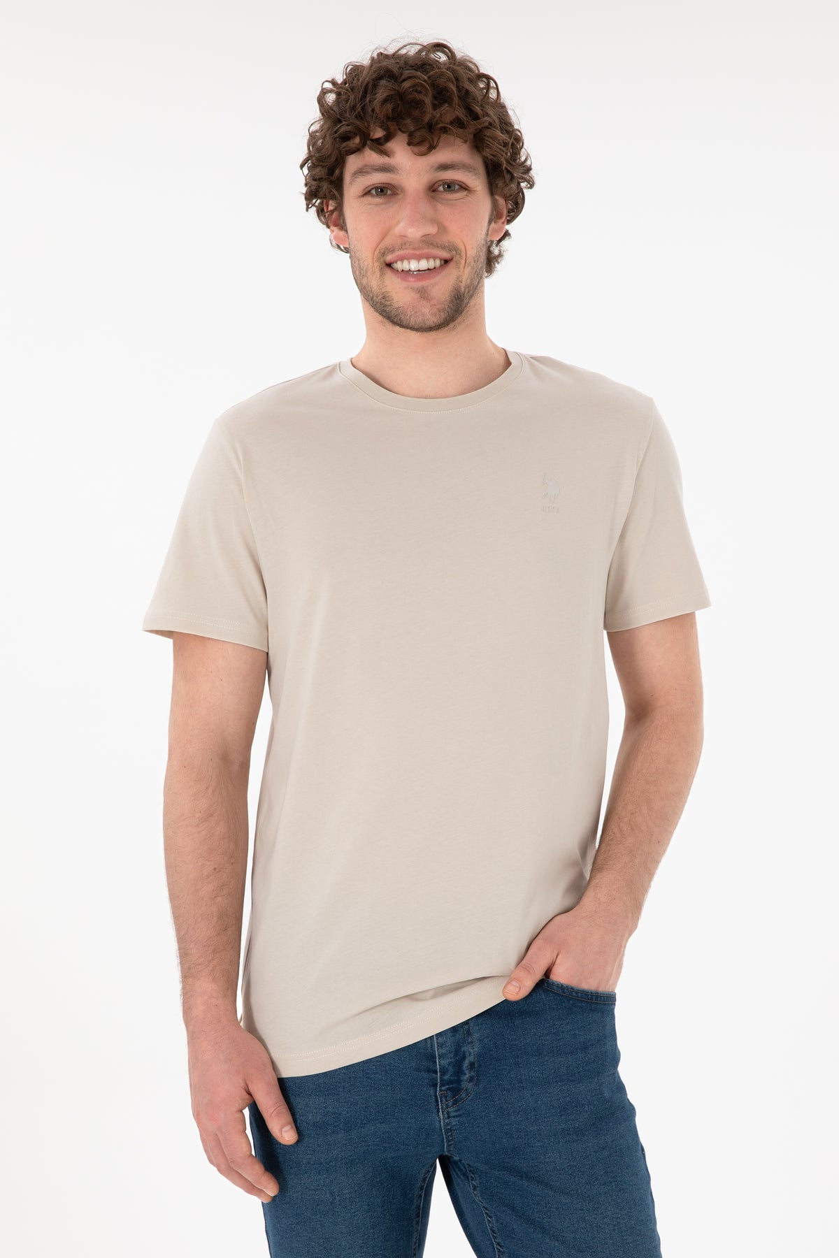 Tricou Bărbați Bej Cu Guler Rotund Și Imprimeu Logo