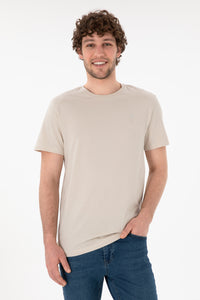 Tricou Bărbați Bej Cu Guler Rotund Și Imprimeu Logo