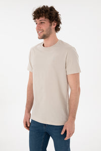 Tricou Bărbați Bej Cu Guler Rotund Și Imprimeu Logo