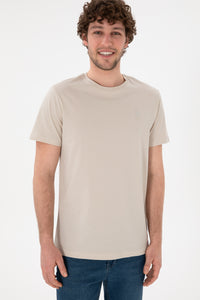 Tricou Bărbați Bej Cu Guler Rotund Și Imprimeu Logo