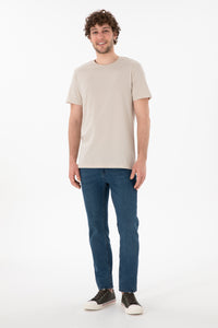 Tricou Bărbați Bej Cu Guler Rotund Și Imprimeu Logo